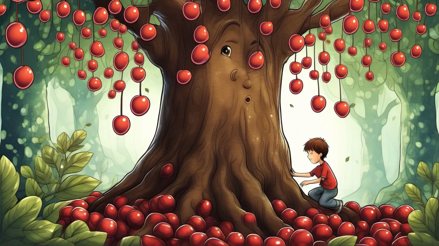 illustrate a tree, whose fruits are little red candys, A 10-year-old brown hair boy hugging to this tree, in the magical forest