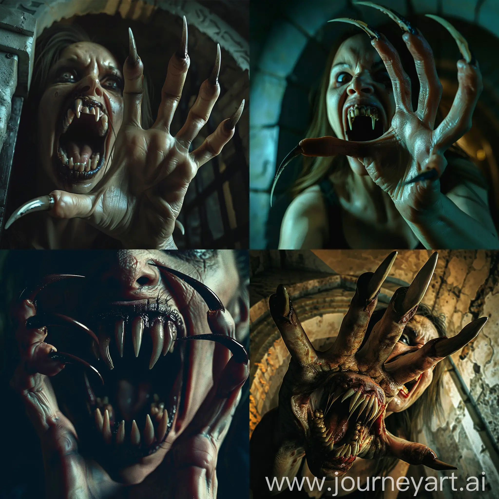 A horrifying nightmare scene of aggressive zombie woman with extra long curved pointed nails like beast claws on her hand with five fingers, her mouth is open with pointed sharped teeth, resembling fangs, she attacks you, scene inside darkness crypt , hyper-realism, cinematic,high detail, photo detailing, high quality, photorealistic, terrifying, aggressive, sharp teeth-fangs, dark atmosphere, realistic detailed, detailed nails, atmospheric lighting.