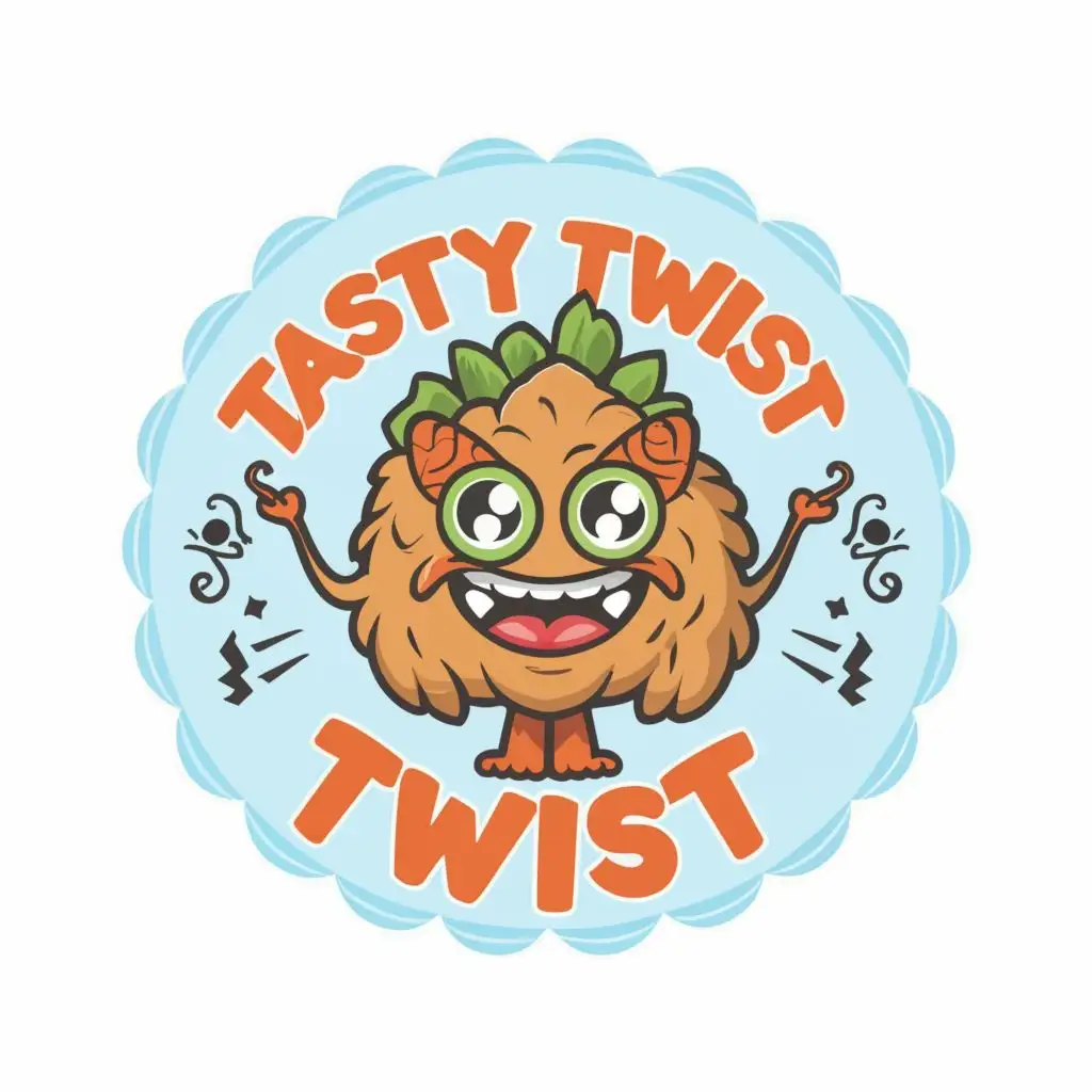 logo, a food logo that sells cireng filled with chicken and a cute monster mascot inside, with the text "Tasty twist", typography