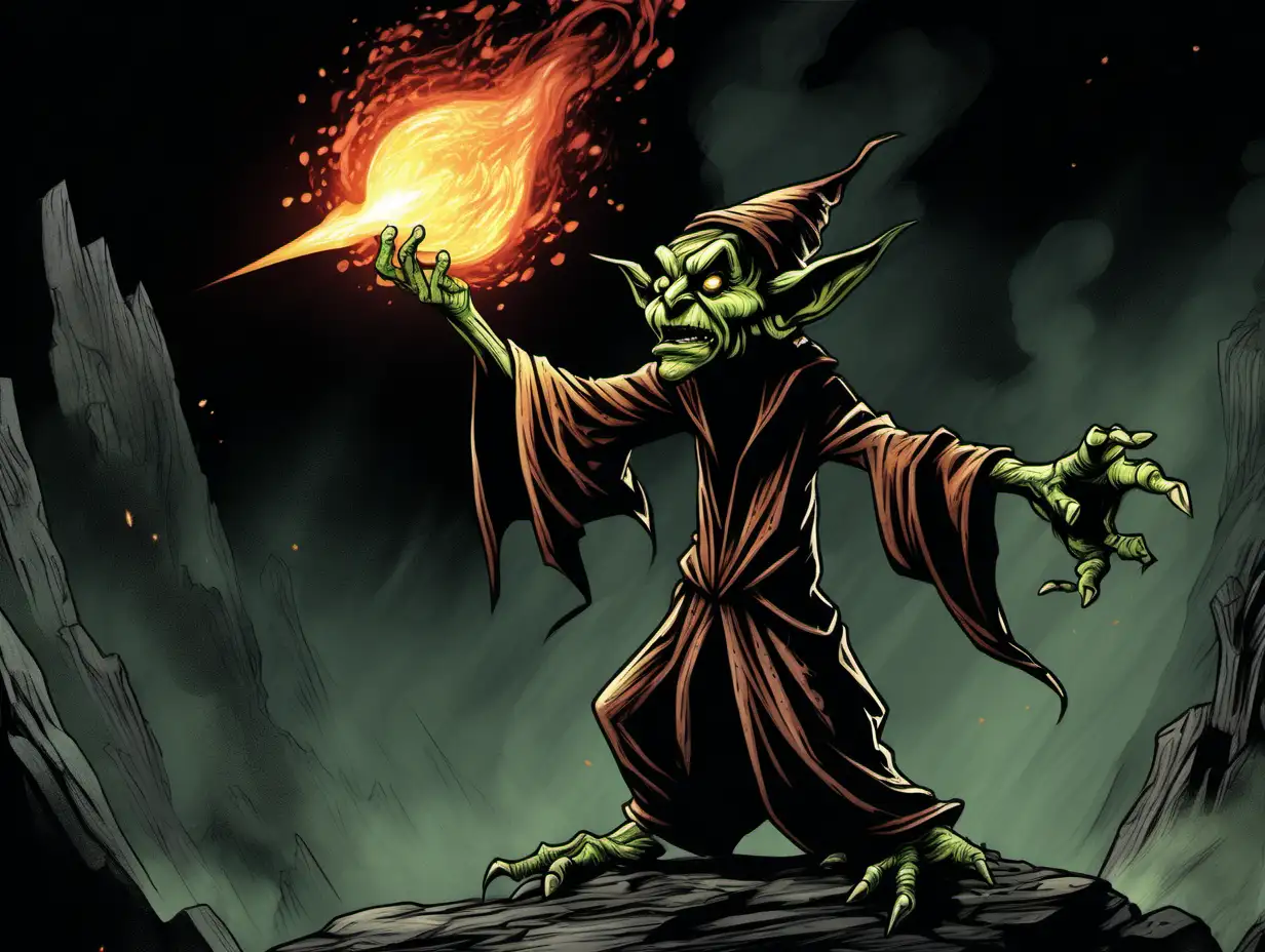 crazed goblin sorcerer with long pointy nose casting a large fireball spell upward. Grimdark fantasy style