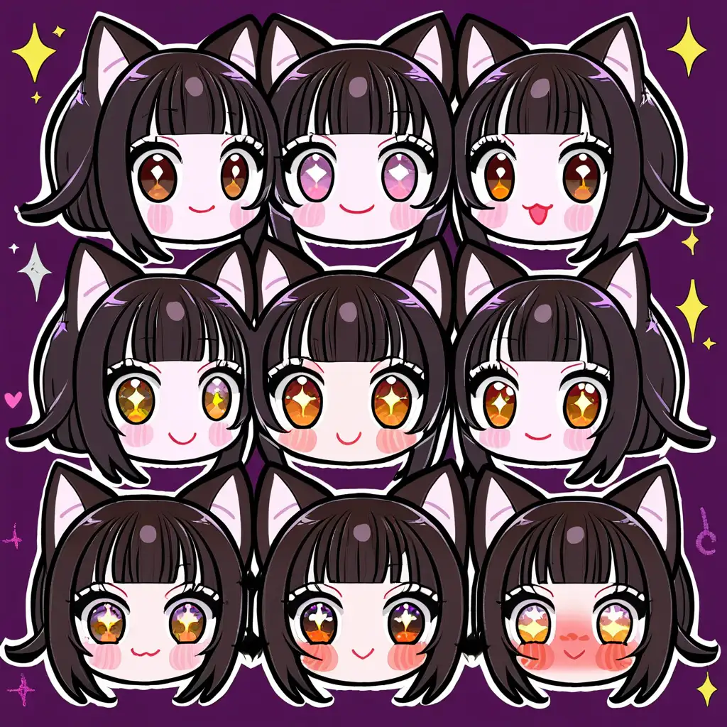 12 separate twitch emote chibi-style drawings of cute girls with black hair with bangs, sparkly eyes, long eyelashes, separate eyelashes, anime eyelashes, long wavy layered flowing black hair, layered pointy bangs, the girl has cat ears, dark brown eyes, pink plump lips, smiling, blushing