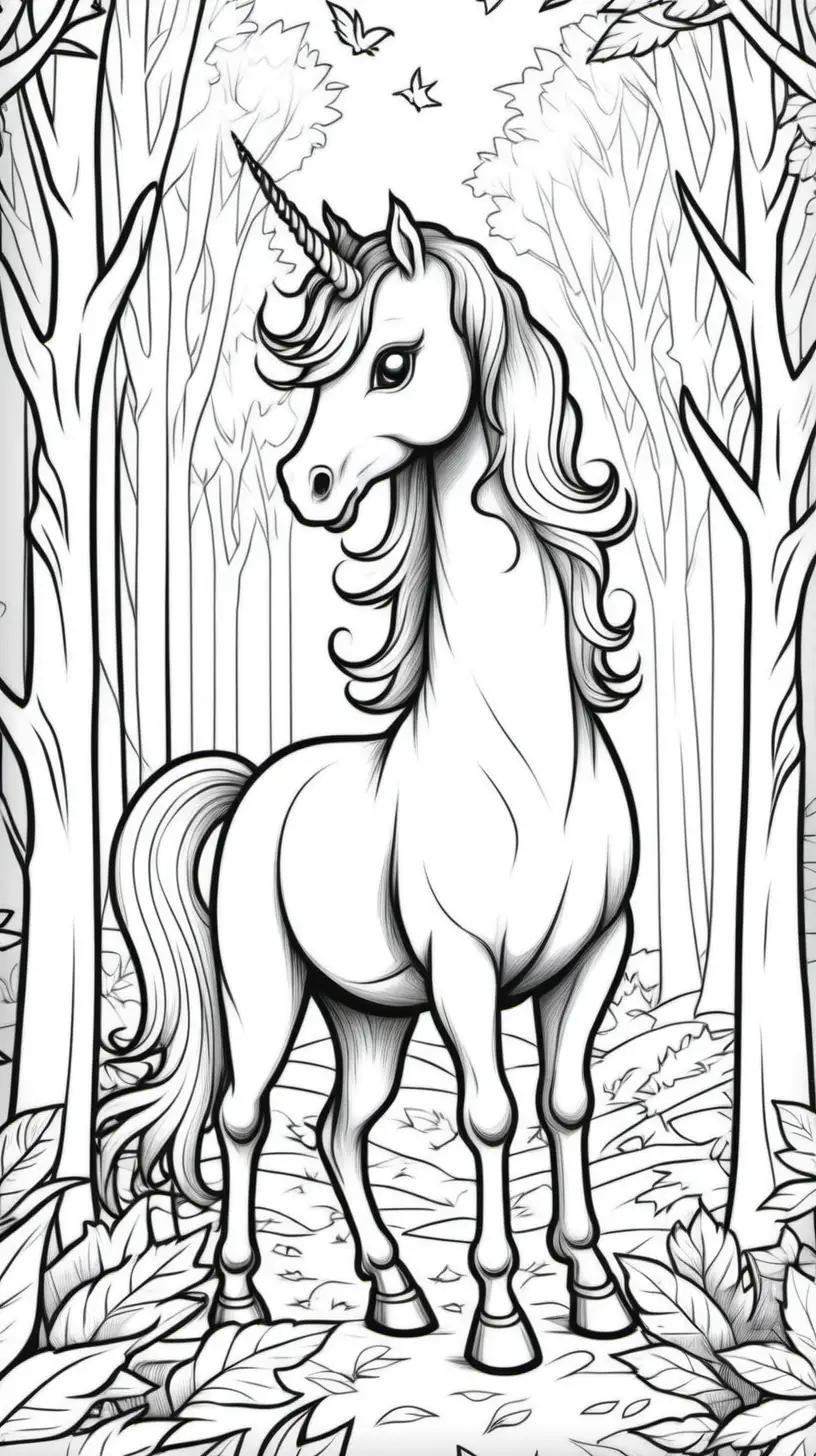 coloring page for kids, unicorn in the woods, no shading,