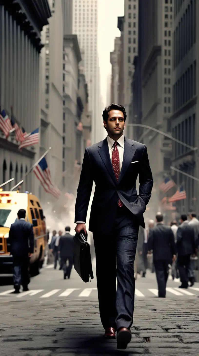 man in suit walking down wall street. Make it as realistic as possible.
