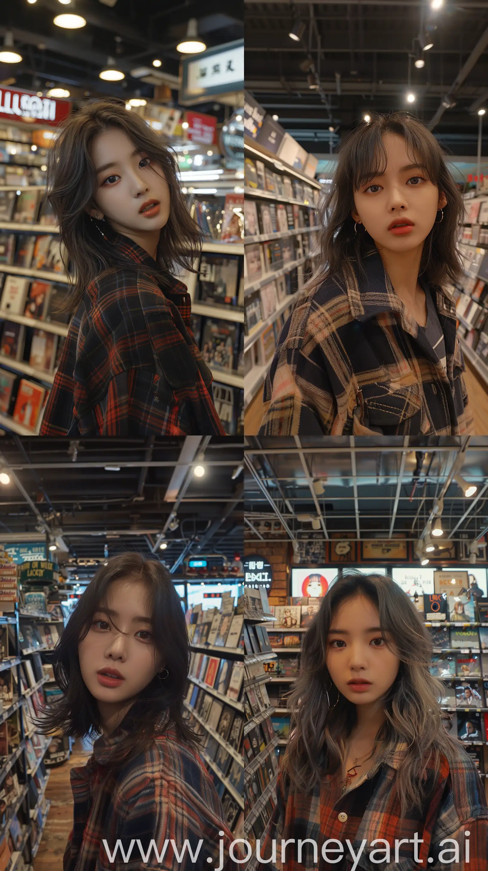 a blackpink's jennie, medium wolfcut hair, wide set eyes, wearing flannel inside album store --ar 9:16 --stylize 250