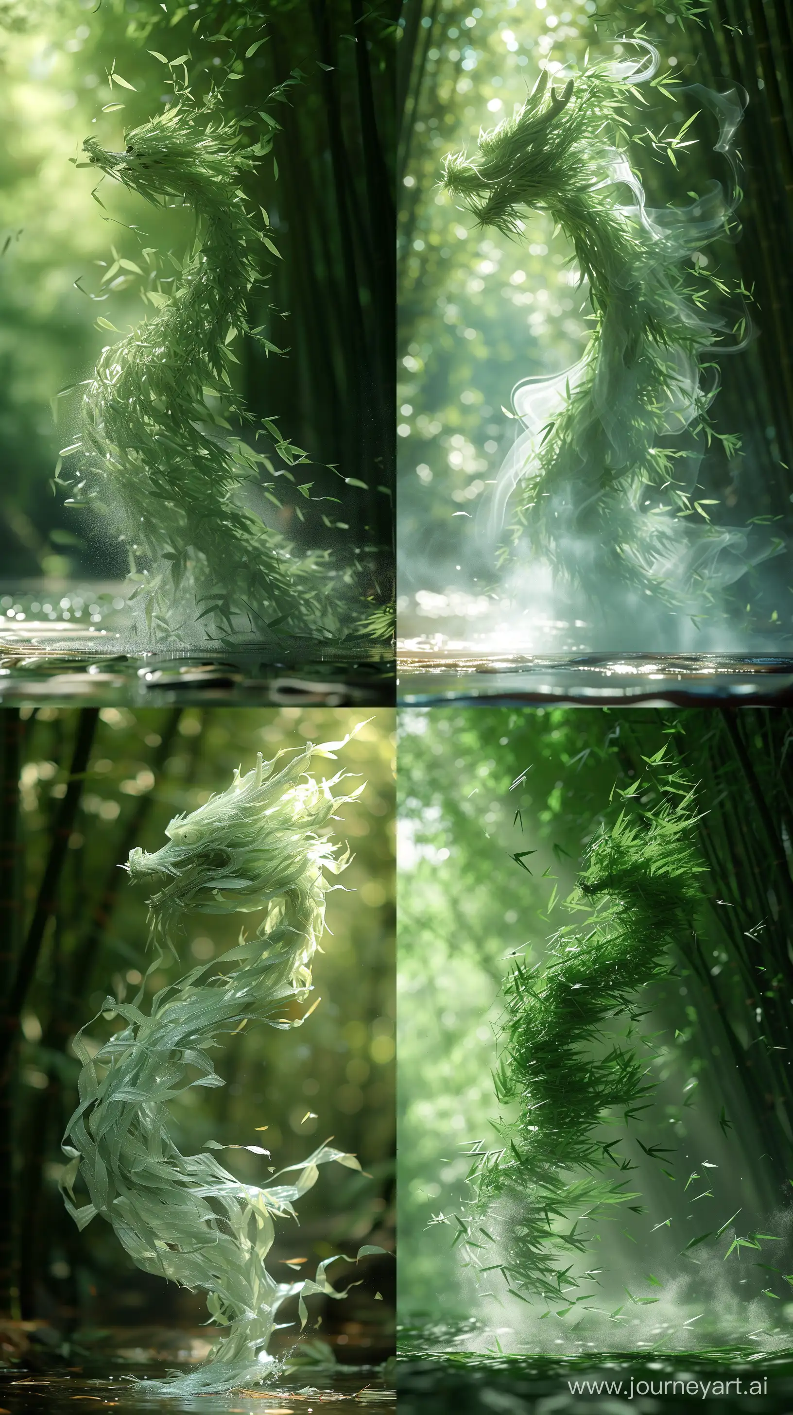 Chinese dragon made of bamboo leaves, moment bamboo leaves are swept up by the wind, forming a vague shape of a dragon in mid-air, The dragon shape is ethereal and almost transparent, The scene is set in a lush bamboo forest with sunlight filtering through, , Close-up, casting dynamic shadows, blending seamlessly with the natural surroundings, Taken on: high-speed camera with a focus on capturing motion, X prompt, hd quality, natural style --ar 9:16 --stylize 750 --v 6.0
