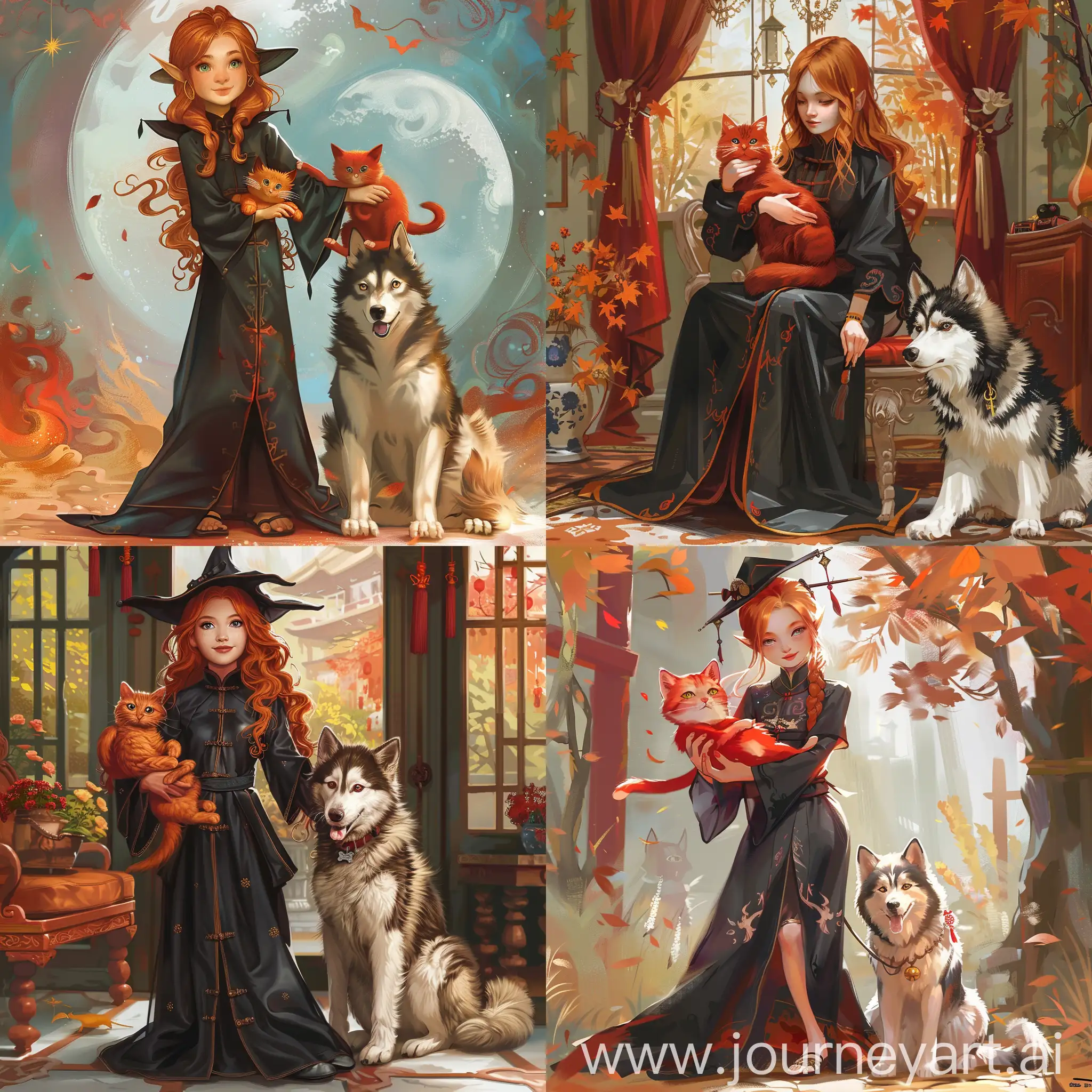 A young red-haired witch in a stylish black qipao with long sleeves, holding a red cat in her arms, accompanied by a seated Malamute dog, cute and whimsical, magical setting, vibrant color palette, fantasy art 