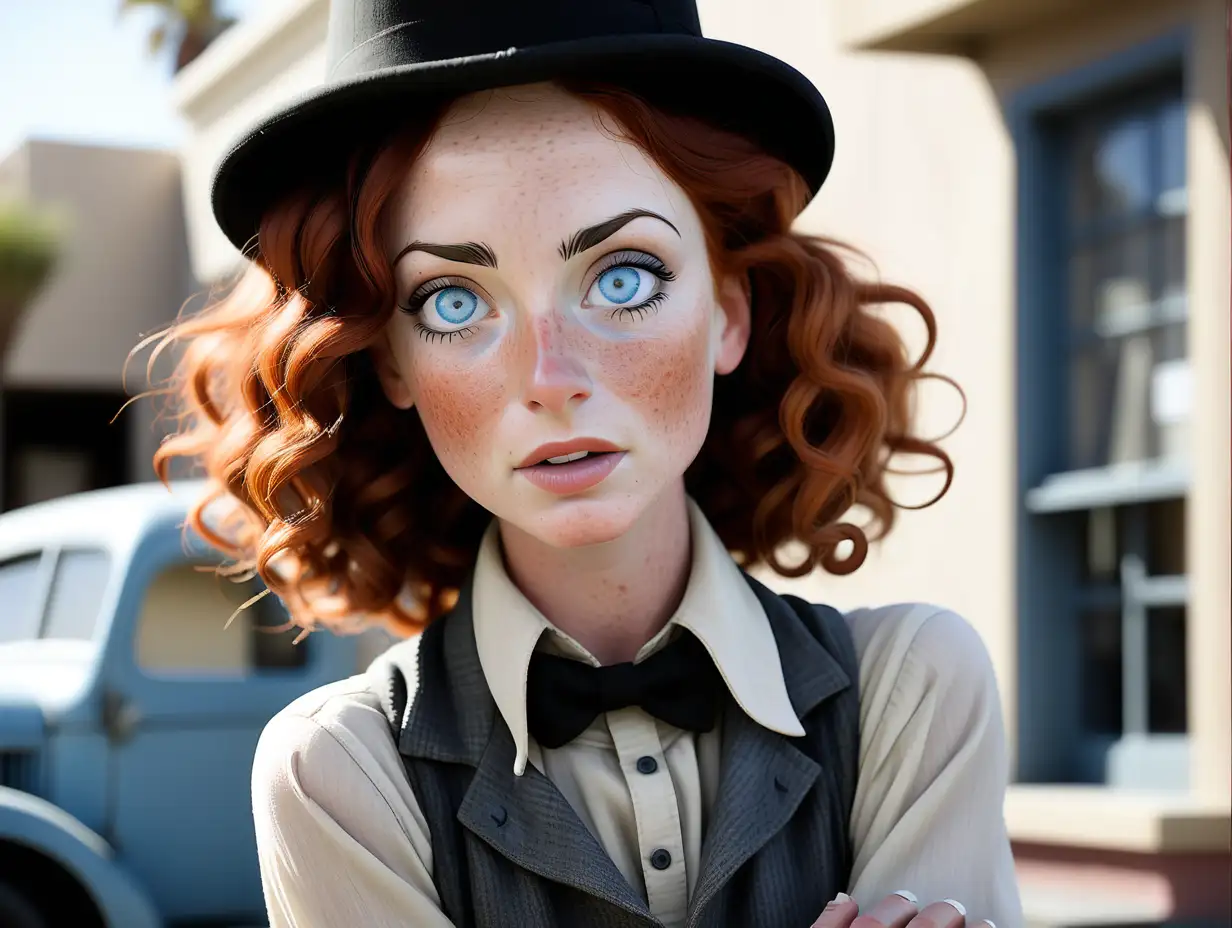 Freckled Woman in Filmmaker Attire at Hollywood Movie Studio Lot