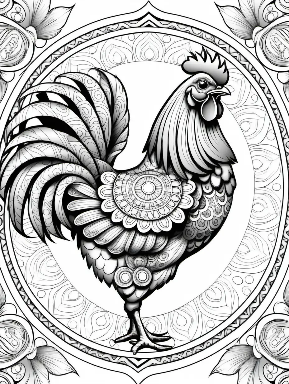 coloring page for adults, chicken with mandala inside of chicken frame, no shading,