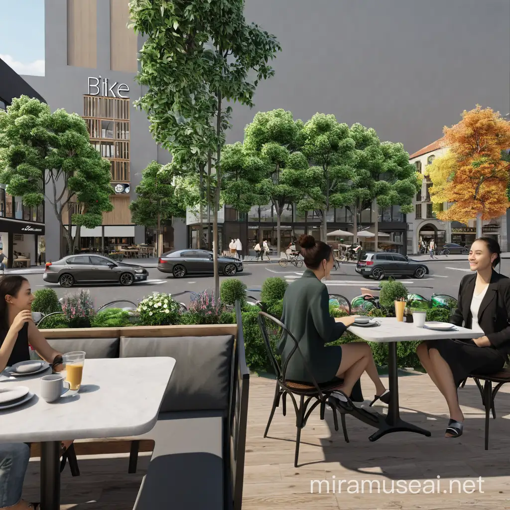 same image, more realistic, pedestrian dominated street, cafe tables, bio diversity, bike & car lanes behind
