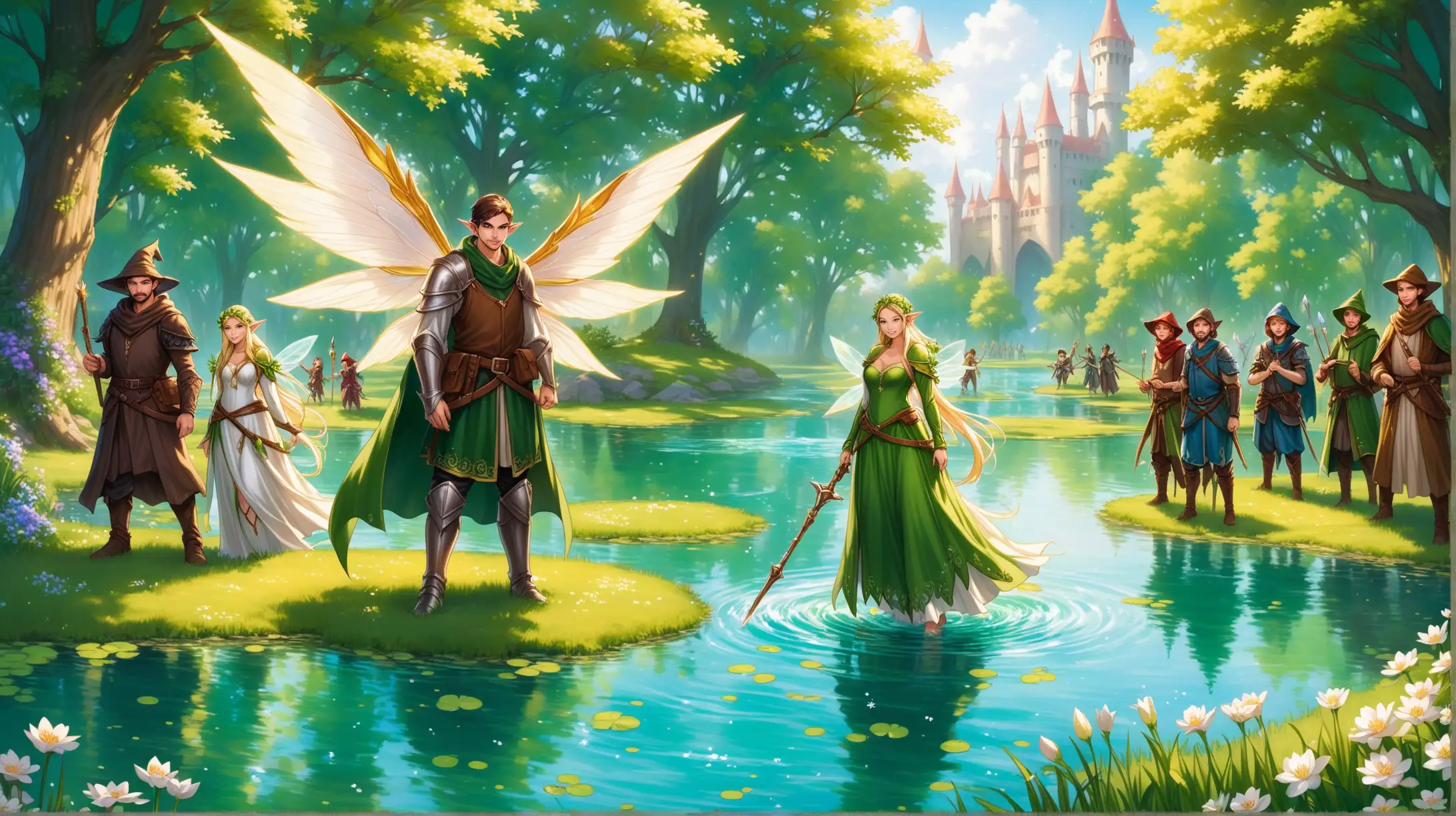 clique of rogues and wizards, boys and girls, winged elf fairies, flower armor, enchanted pond, Medieval fantasy
