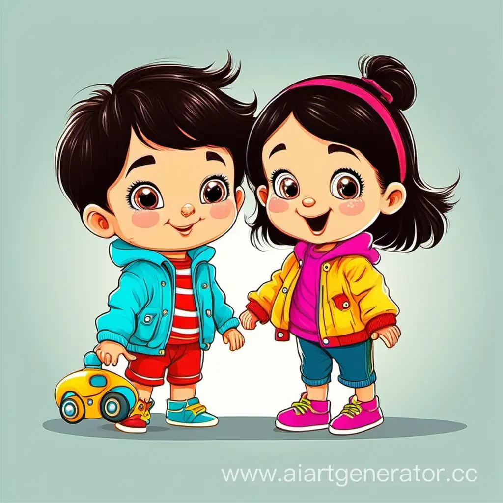 мультяшные  маленькие мальчик  и девочка малышки  с темными волосами яркой одежде с игрушкой  в векторе