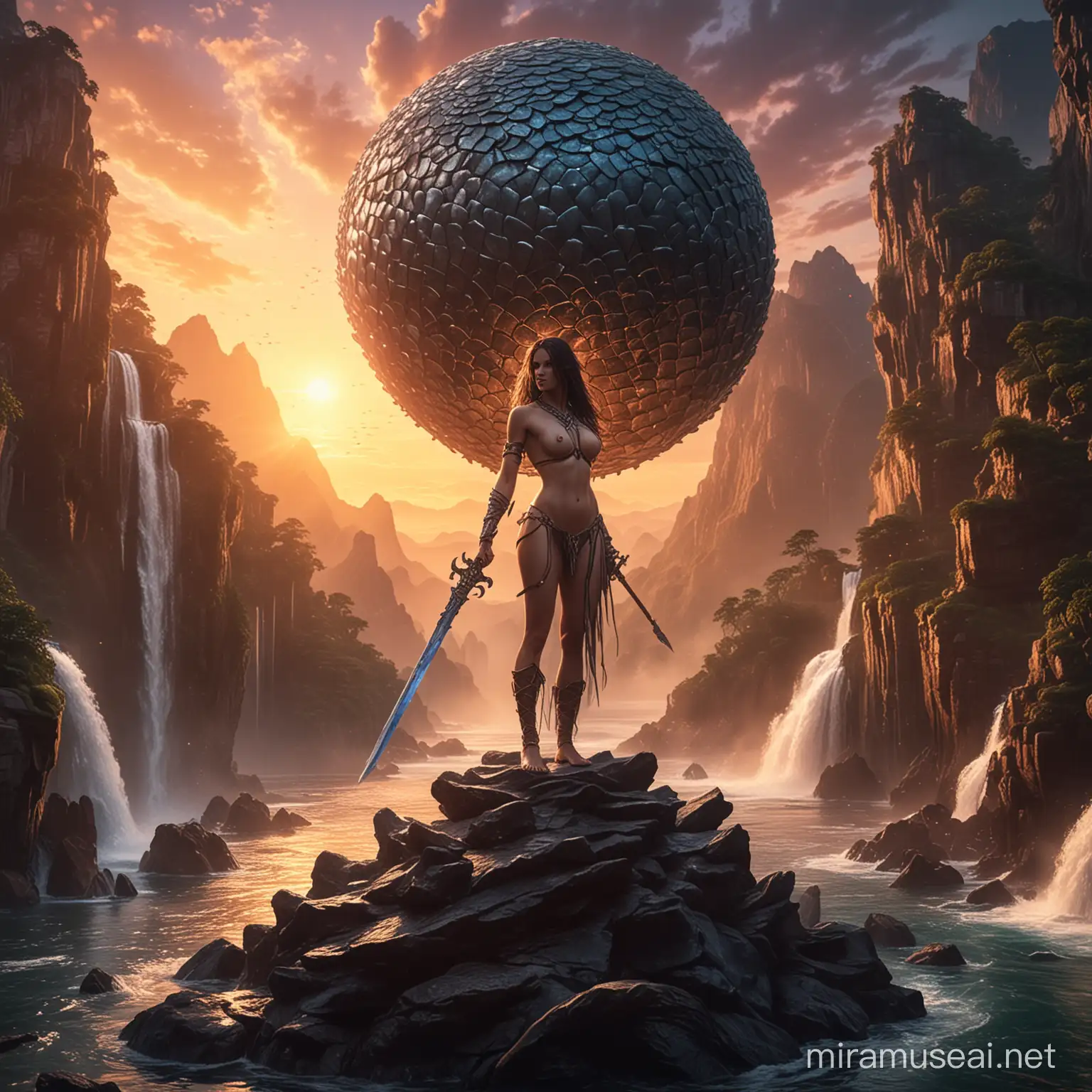 Fantasy Warrior Woman with Dragon Scales and Sword on Sphere Over Waterfall Planet at Sunset