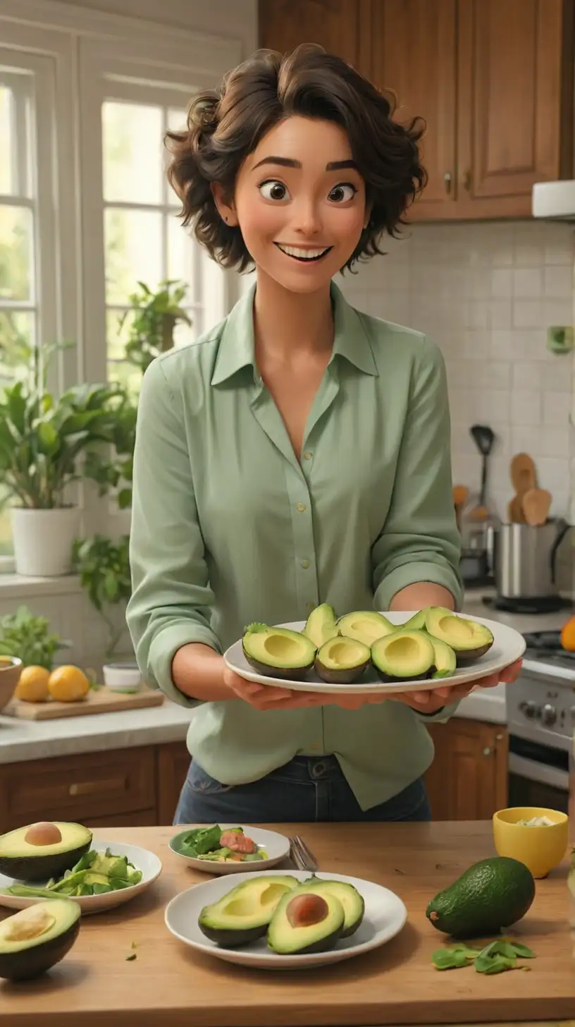 give an image of a person in the kitchen thanking the audience for watching, show a plate full of avocado on the table
