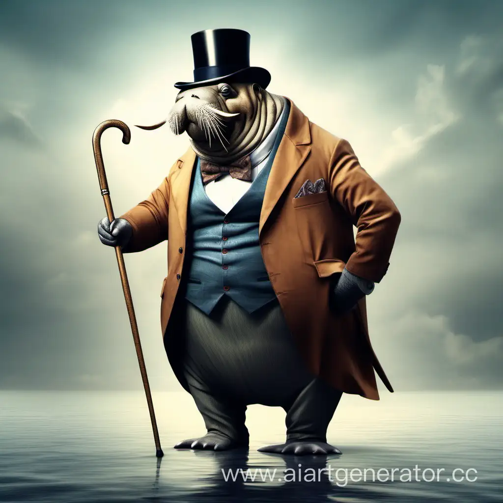Антропоморфный морж джентельмен с тростью, детально, высокое качество, панорама, 4к, ISO 1000, фокус,реализм
