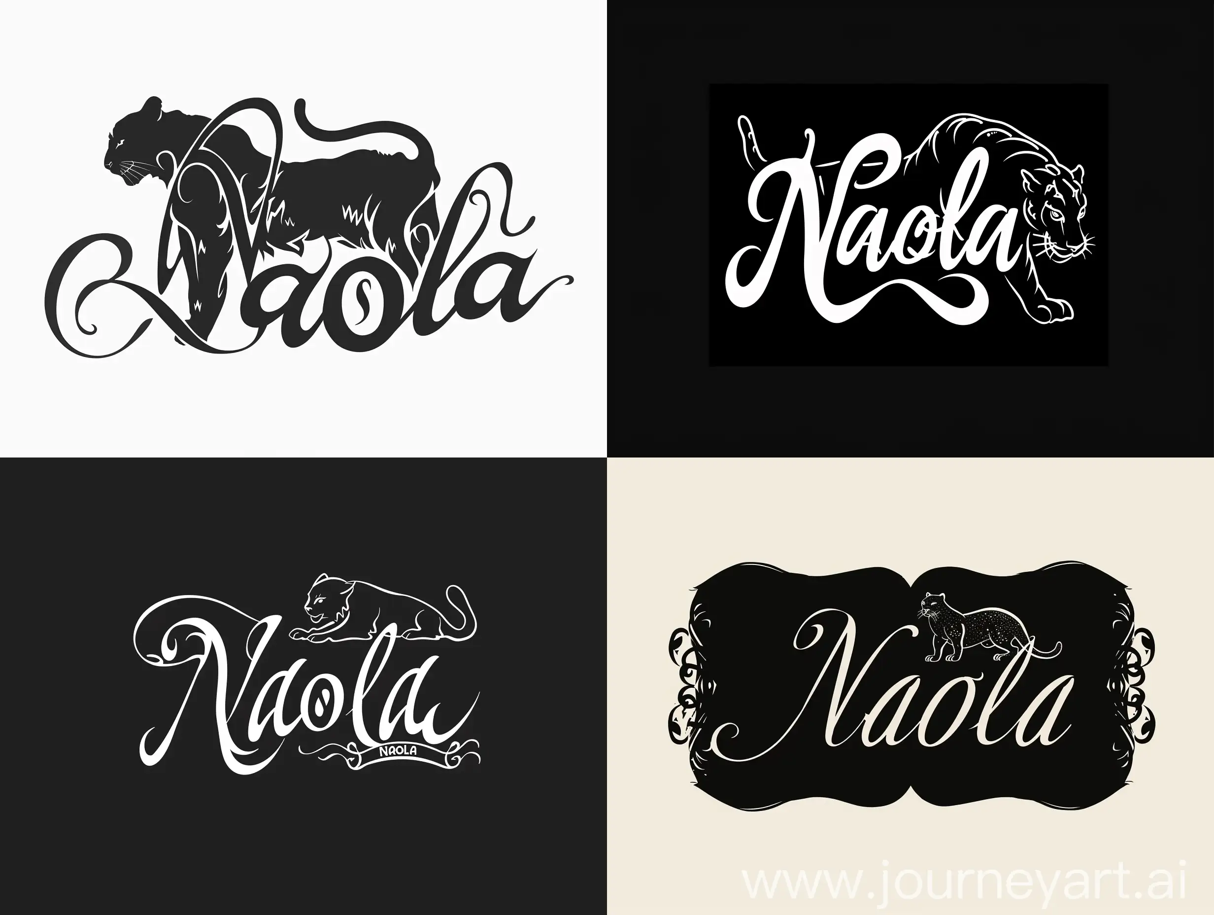 The logo is a calligraphic lettering with the inscription "Naola" and a silhouette of a panther. minimalistic logo design. 8k. Black and white colors. neat lines