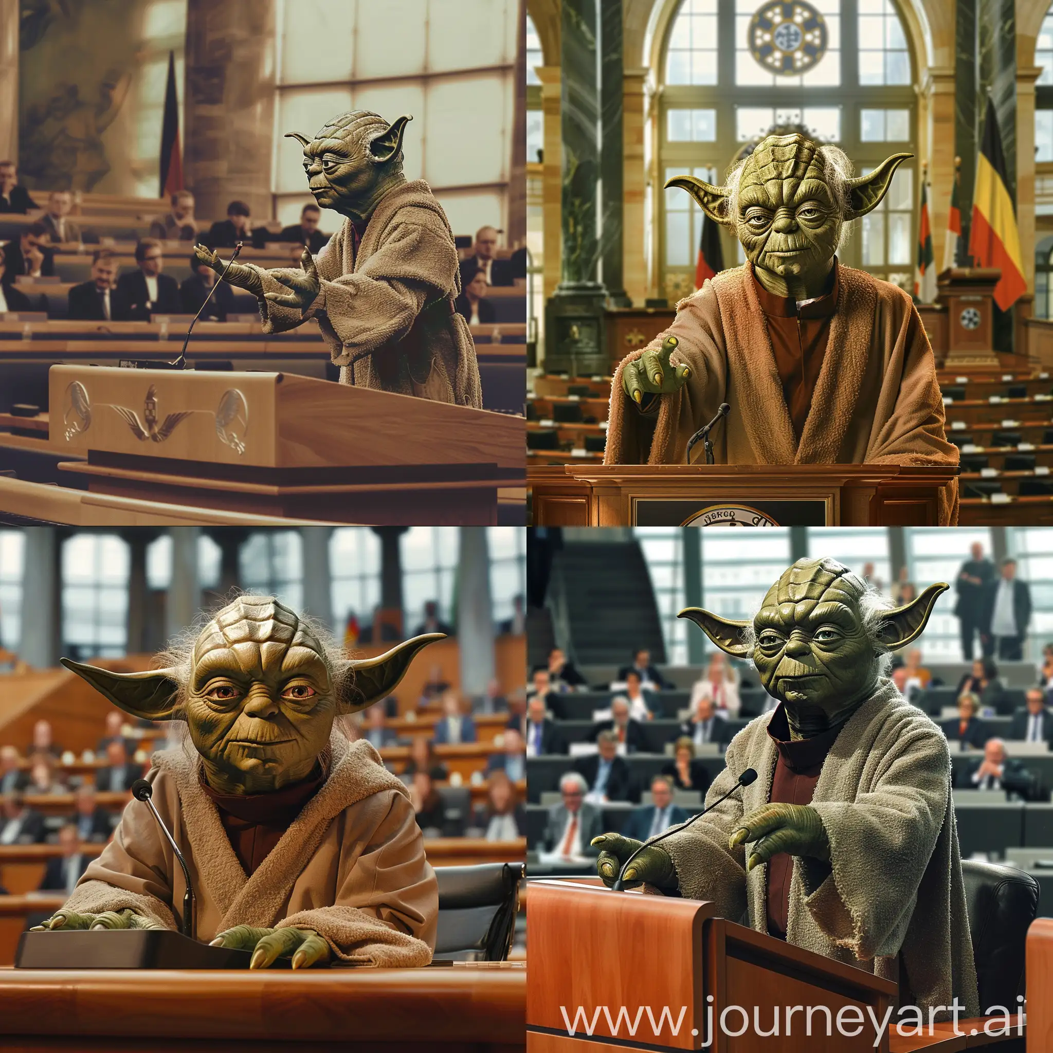a creature, similar looking to Master Yoda, giving a speech in front of the German parliament.