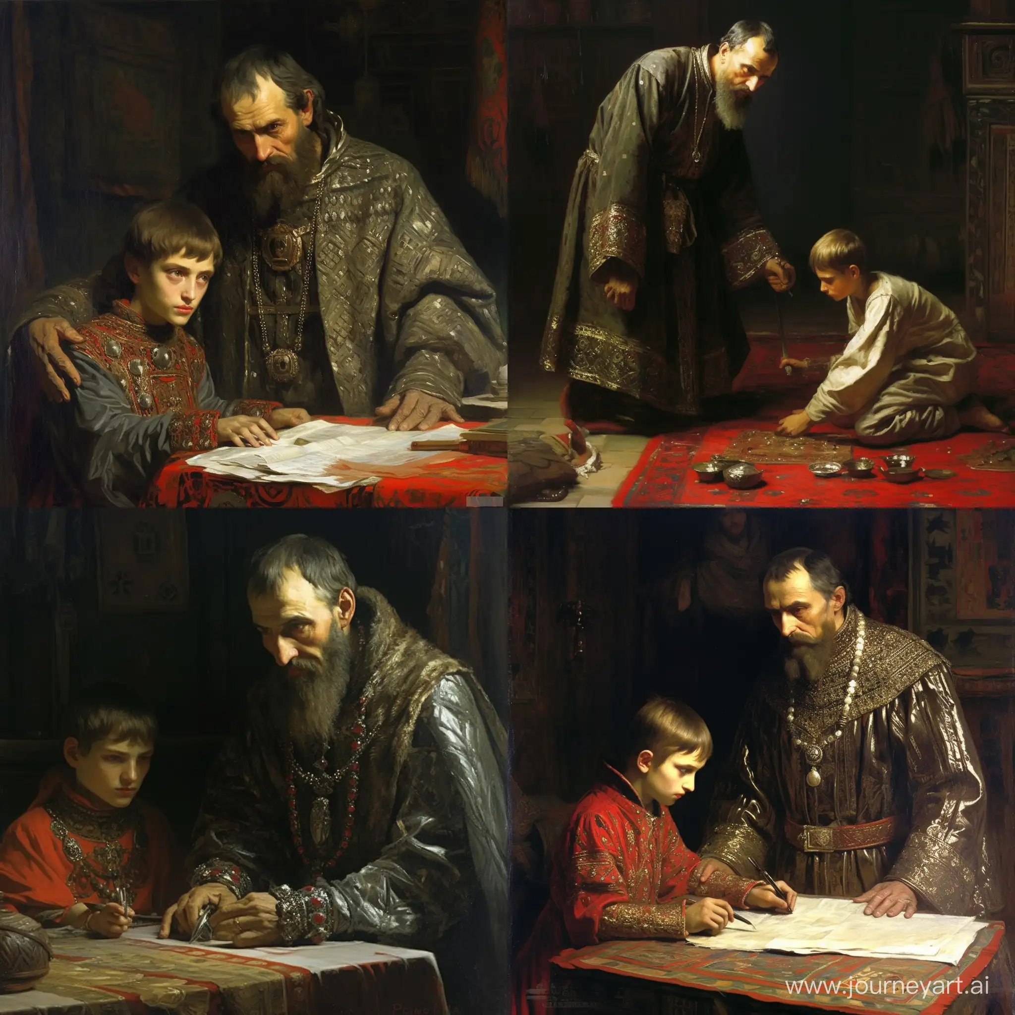 An exact copy of the painting “Ivan the Terrible and his son Ivan November 16, 1581” by I. Repin, where the tsar and his son are not present, but instead there are 2 robots depicted, one of which disassembles the other into small parts.