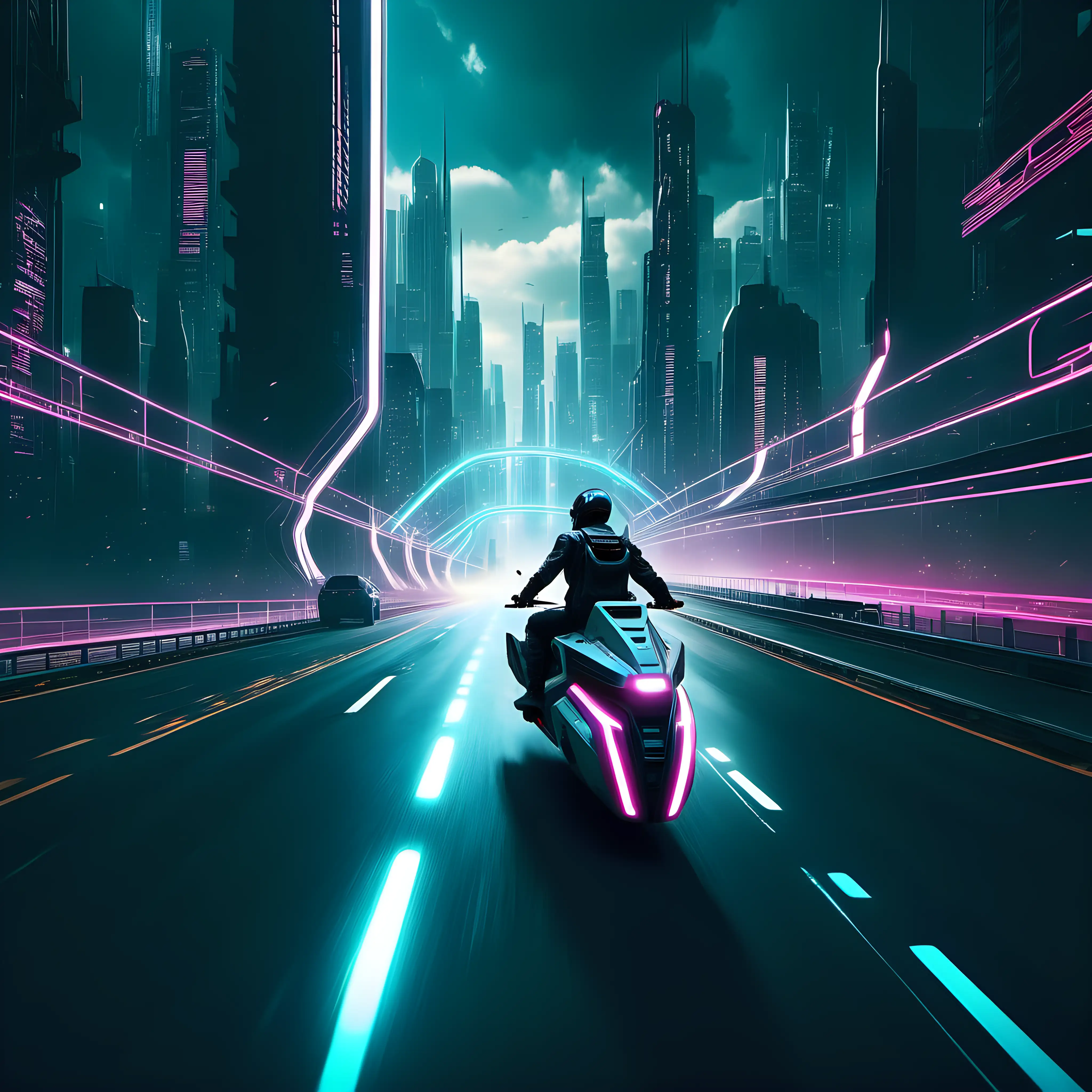 cyberpunk city aesthetic:: a person riding a hoverbike that leaves a trail of light behind as it drives down a highway with traffic::other vehicles should be chasing the hoverbike