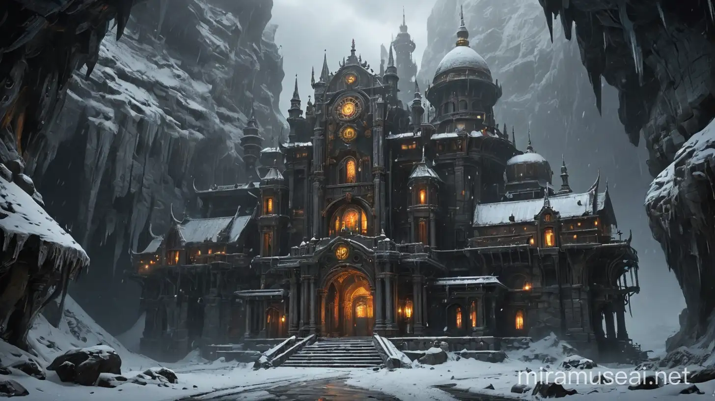 Enormous Abandoned Steampunk Temple in Dark SnowDusted Cave
