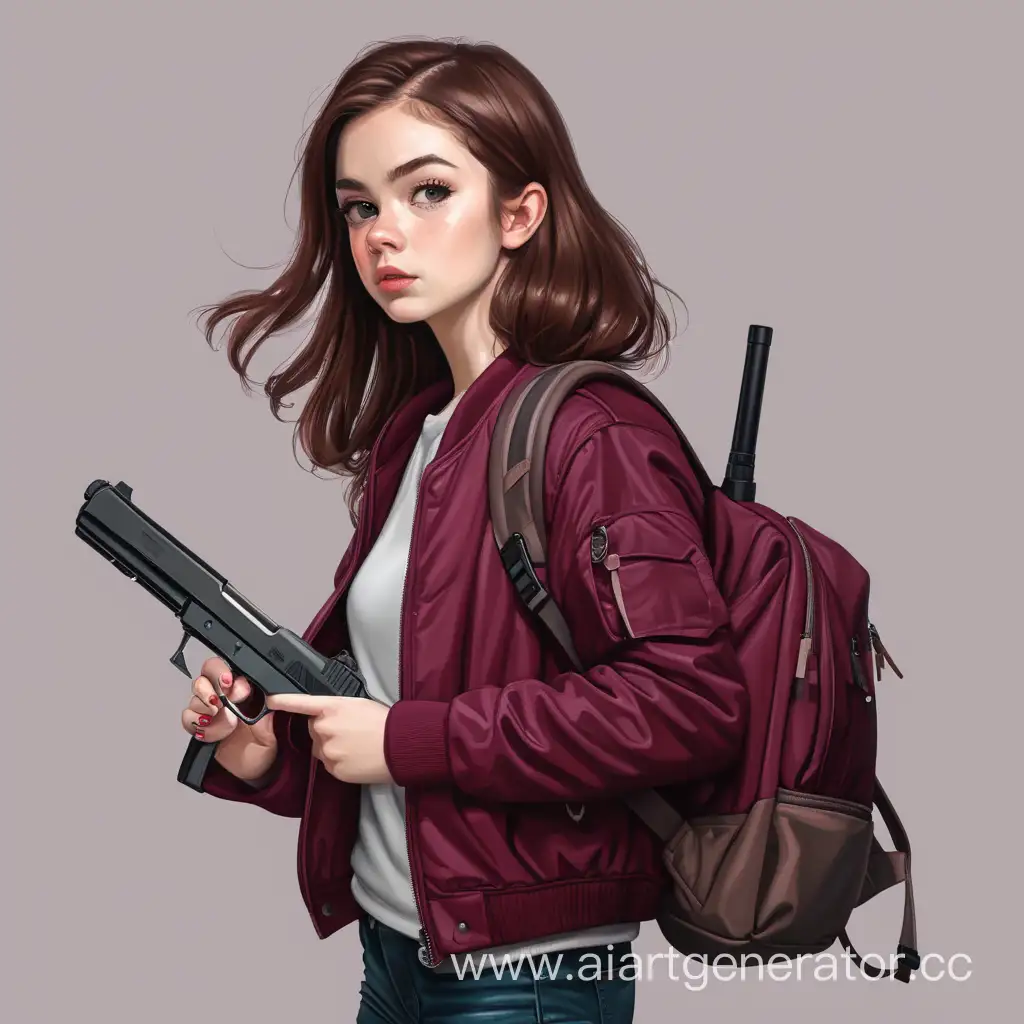 Девочка с рюкзаком с пистолетом , коричневые волосы, бордовая куртка.