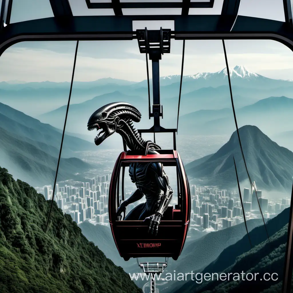 The Xenomorph from the movie "Alien" is riding a cable car up a mountain, you can see it through the window, there are mountains in the background.