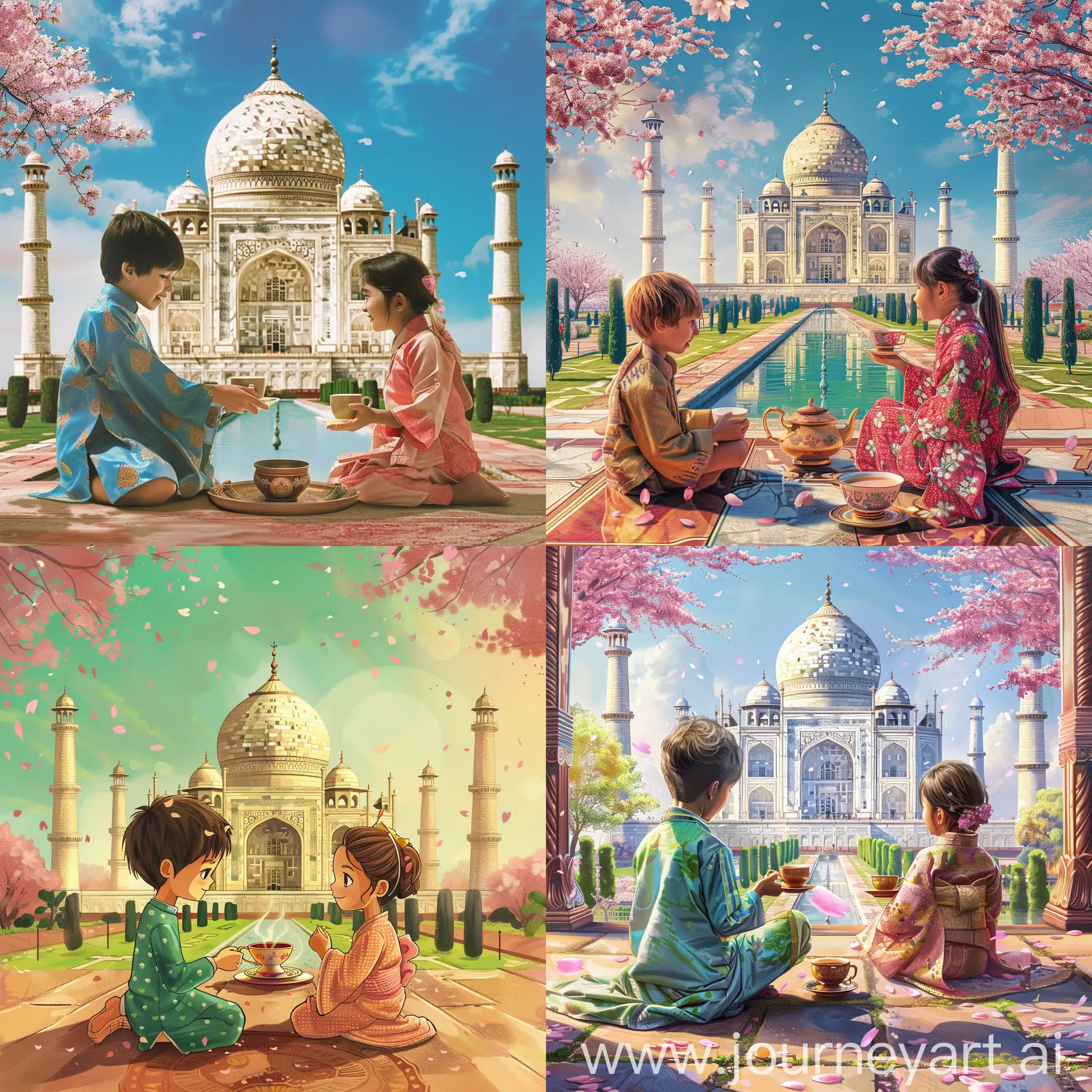 a young indian boy and a japanese girl having tea in front of taj mahal in the season of sakura.
