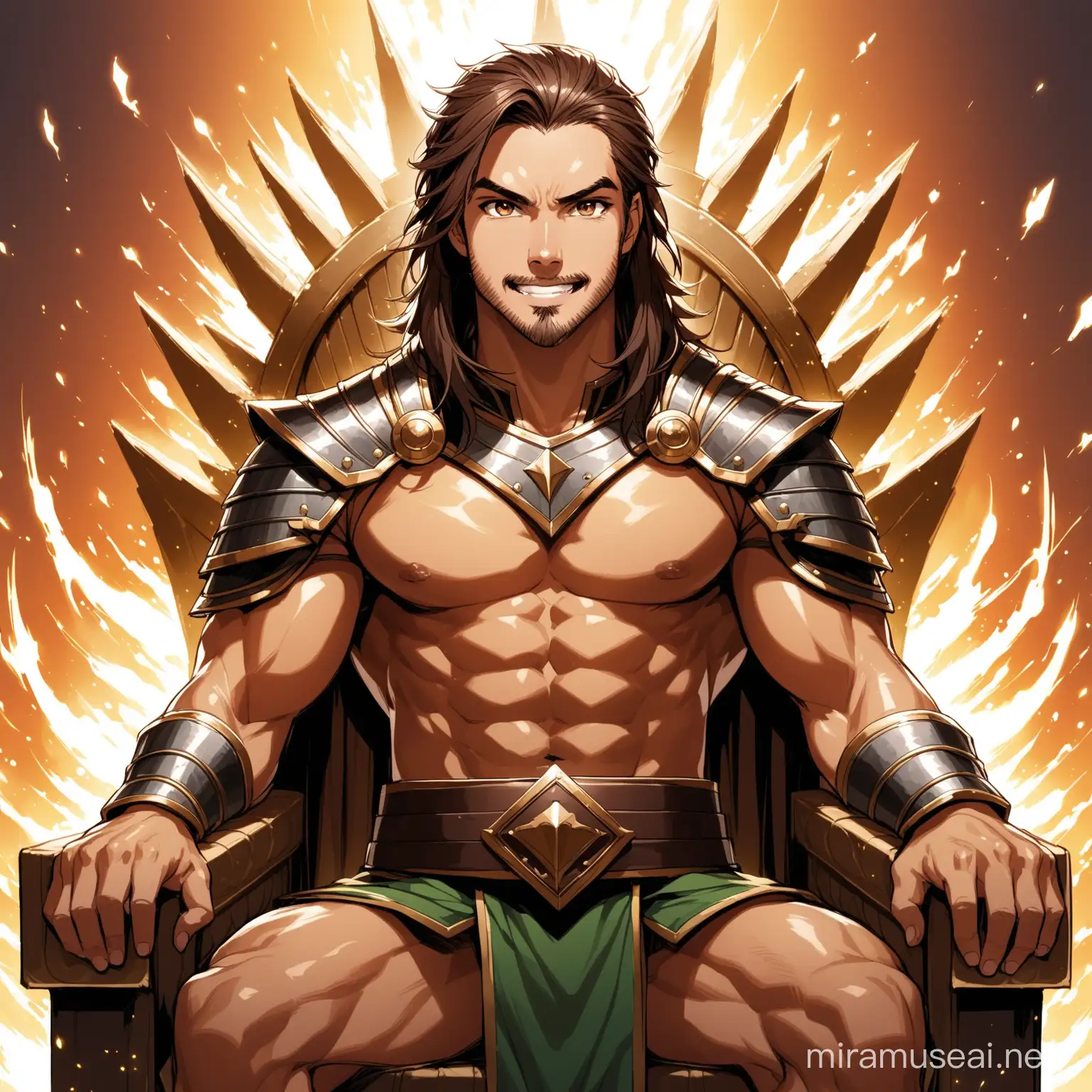 masculine warrior man with brown eye and hair speaking directly to the camera with enthusiasm  while sitting his throne 
