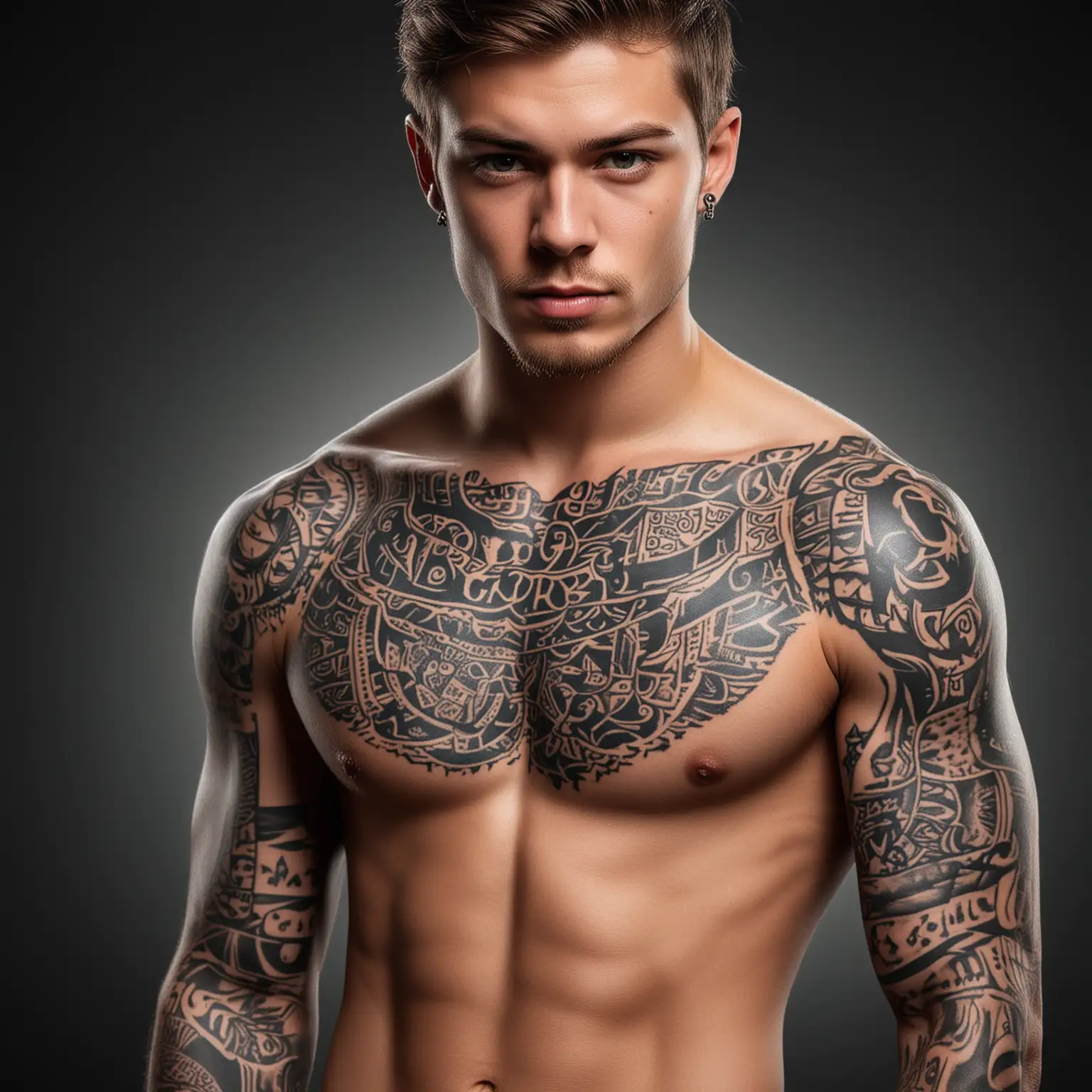 Stylized CloseUp Portrait of a Handsome Boy with Intricate Tattoos on Black Background