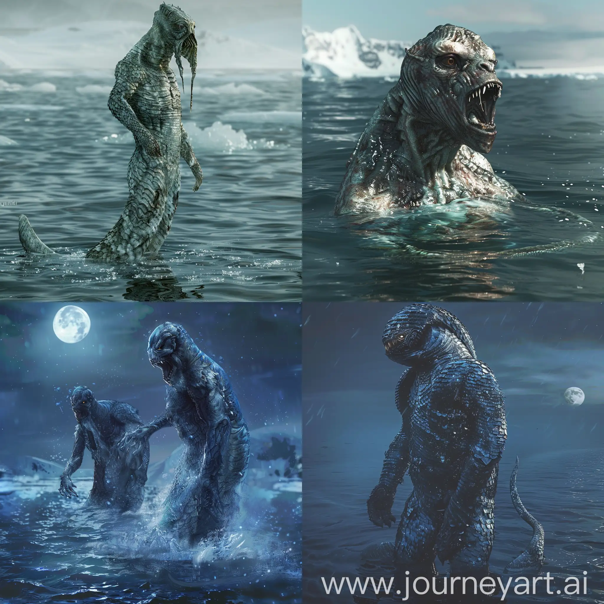 a mythical sea creature known as the Qallupilluit. These beings dwell in the frigid waters of the Arctic, near places like Baffin Island and Nunavut. They are humanoid in appearance but possess twisted, monstrous features, with scales that shimmer like moonlight on the water. Their haunting calls echo across the icy sea, drawing unsuspecting travelers towards their doom. The Qallupilluit are ancient guardians of the ocean depths, sparing no mercy for those who dare to intrude upon their domain.