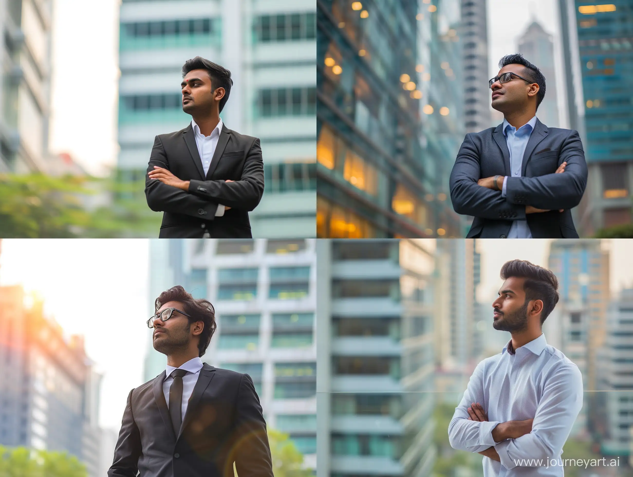 Confident rich eastern indian business man executive standing in modern big city looking and dreaming of future business success, thinking of new goals, business vision and leadership concept.