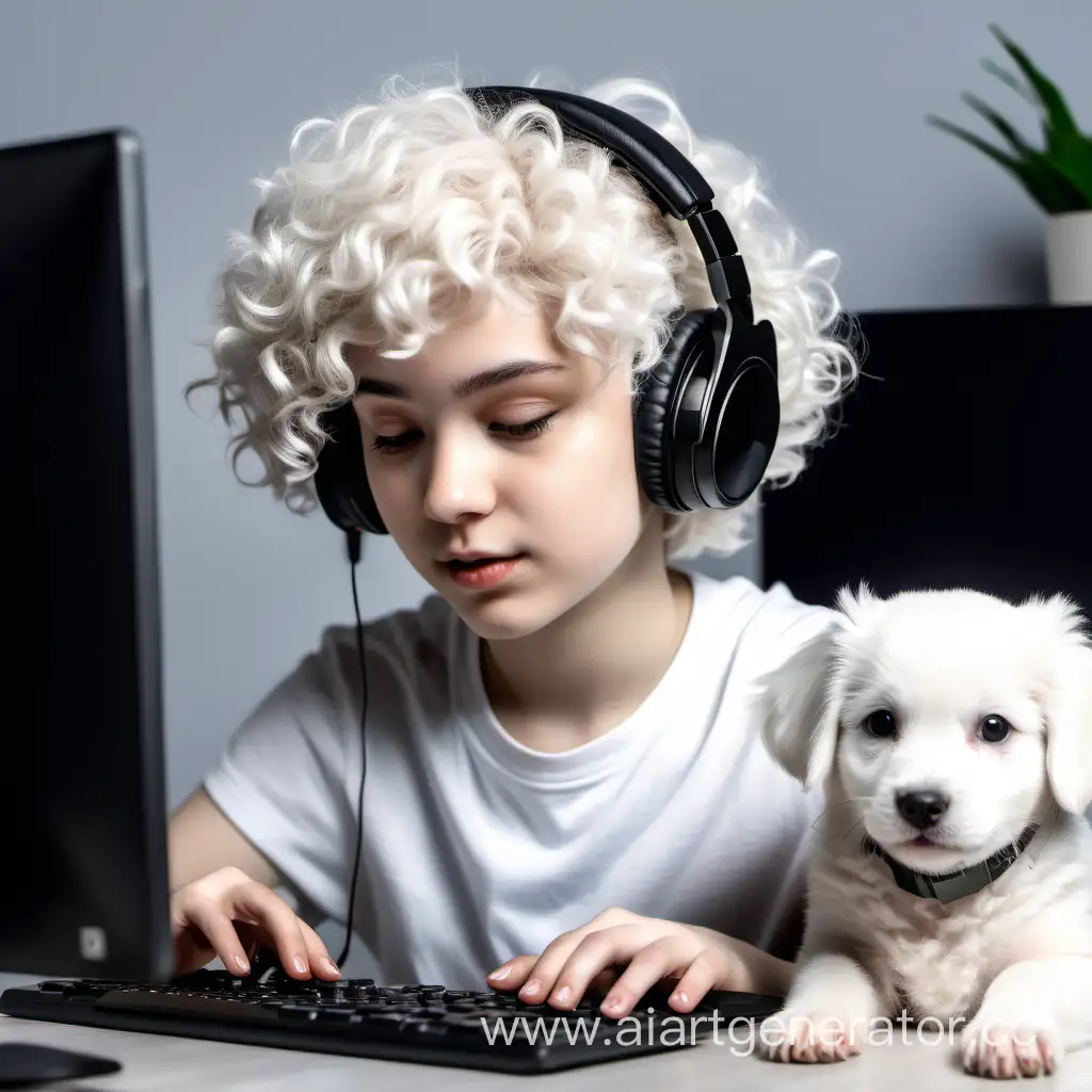девушка стримерша с белыми короткими кудрявыми волосами, на голове наушники, играет в игру за компьютером. в руках собачка белая 