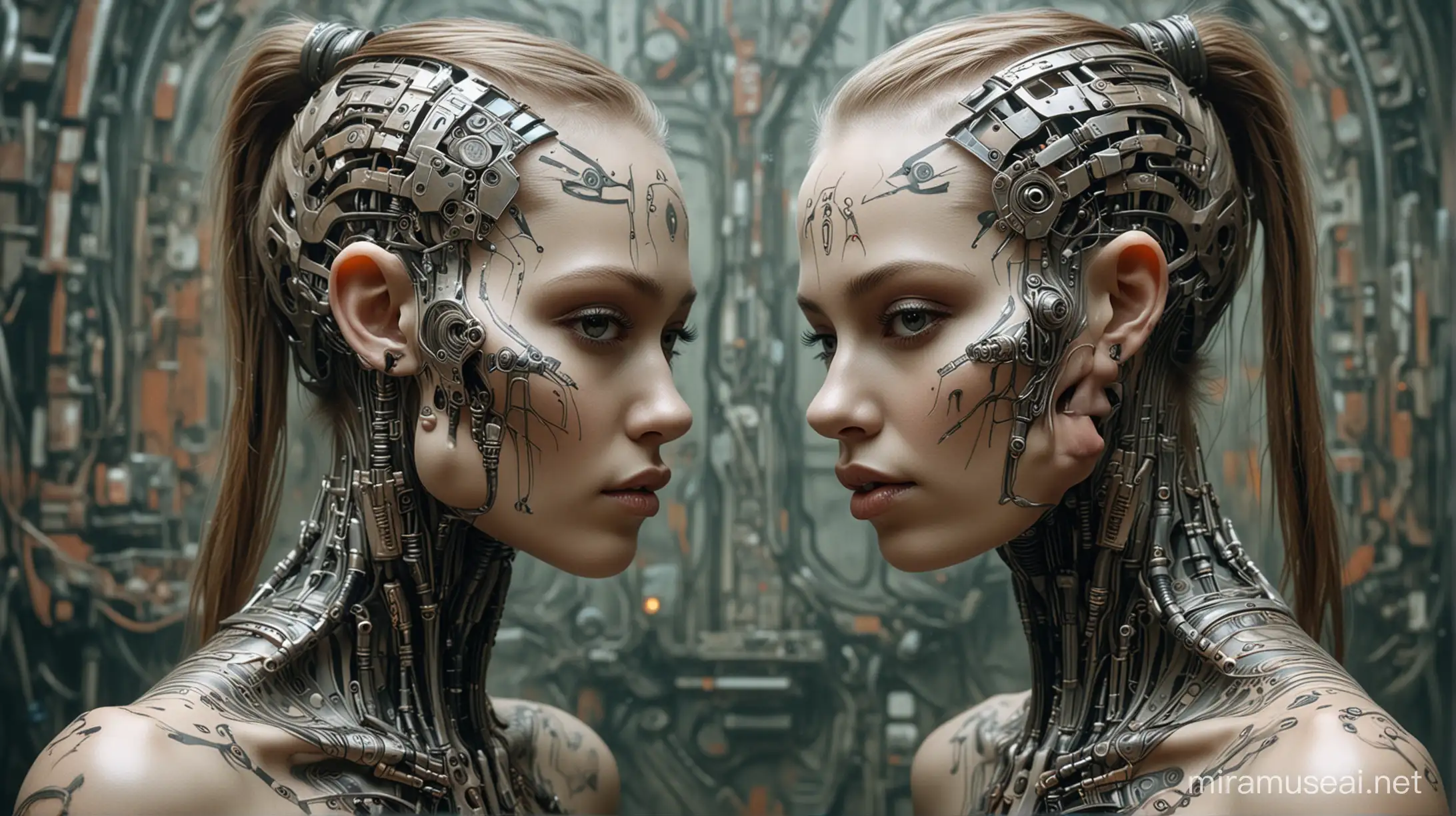 tattooed tribal cybernetic biomechanical two girls with painted faces, film, Photo-Alien, Futuristic Fashion. Style Peter Gric art