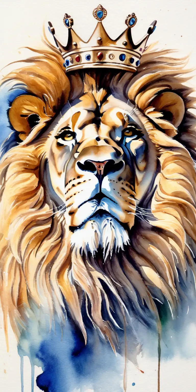 Majestic Watercolor Portrait Regal Lion Wearing a Crown