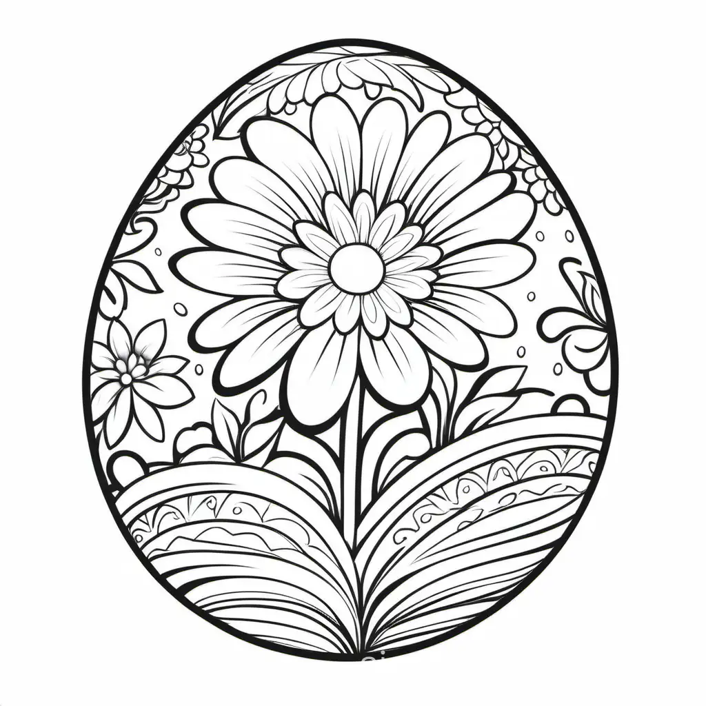 one easter egg with flower pattern
without background, Coloring Page, black and white, line art, white background, Simplicity, Ample White Space. The background of the coloring page is plain white to make it easy for young children to color within the lines. The outlines of all the subjects are easy to distinguish, making it simple for kids to color without too much difficulty