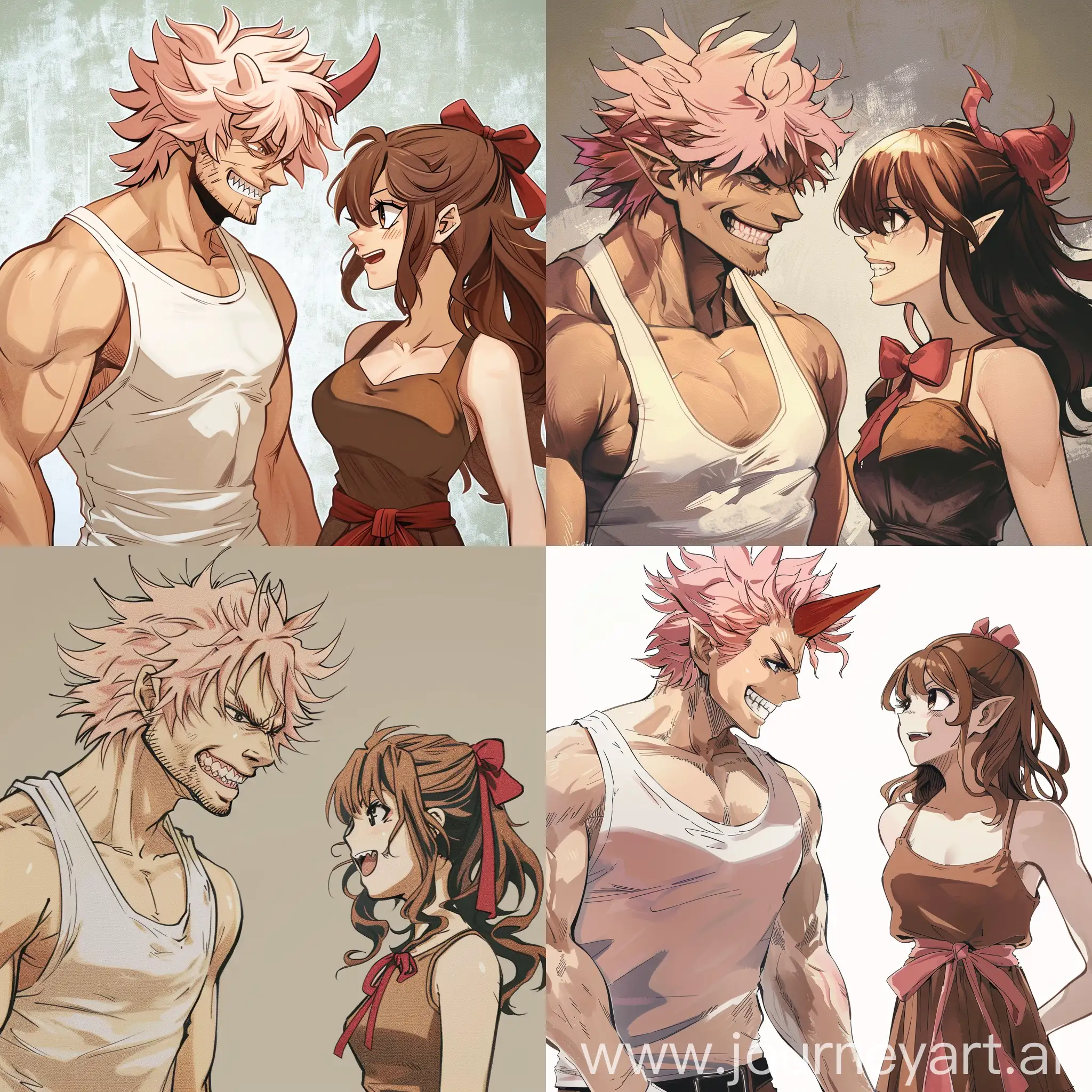 Manga style illustration in the vein of Ishida Sui, featuring a fit man with blond-pinkish fluffy hair, white tank top, sharp teeth, human, smirking while looking to a girl on his right. The girl has brown hair tied with a red ribbon, black eyes and is wearing a brown dress. (Man: 1.3, Sharp Teeth Smirk: 1.2, Red Horn: 1.1), (Girl: 1.3, Long Brown Hair and Ribbon: 1.2),