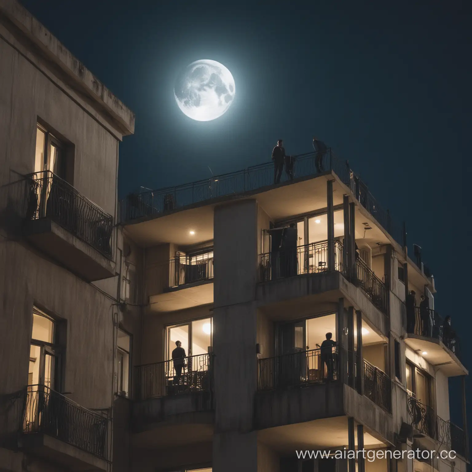 Парень стоит на балконе многоэтажного дома и смотрит на луну.
