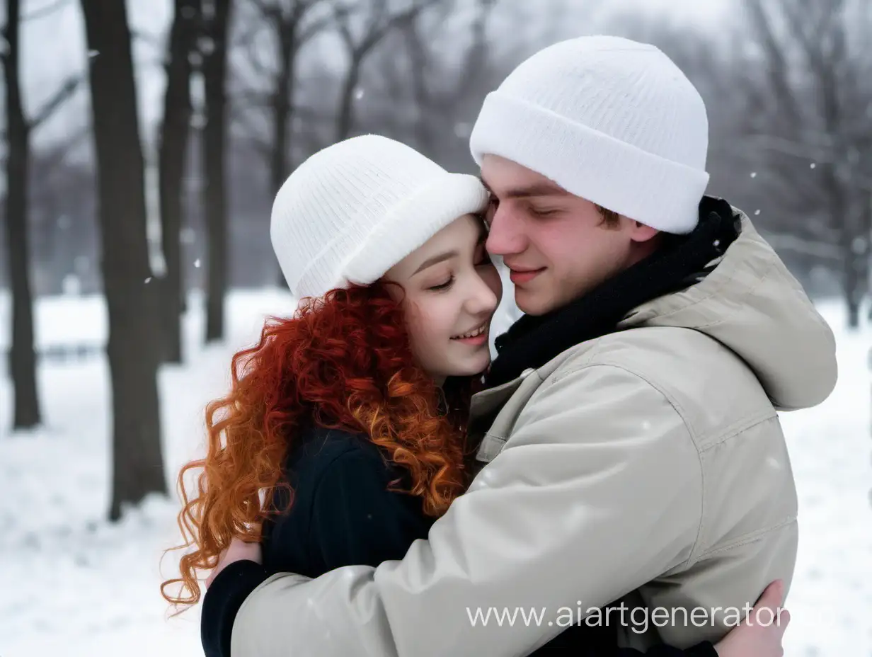 Парк, зима, идёт снег. парень 22 года на голове шапка белого цвета, обнимает девушку у которой рыжие волосы кудрявые 