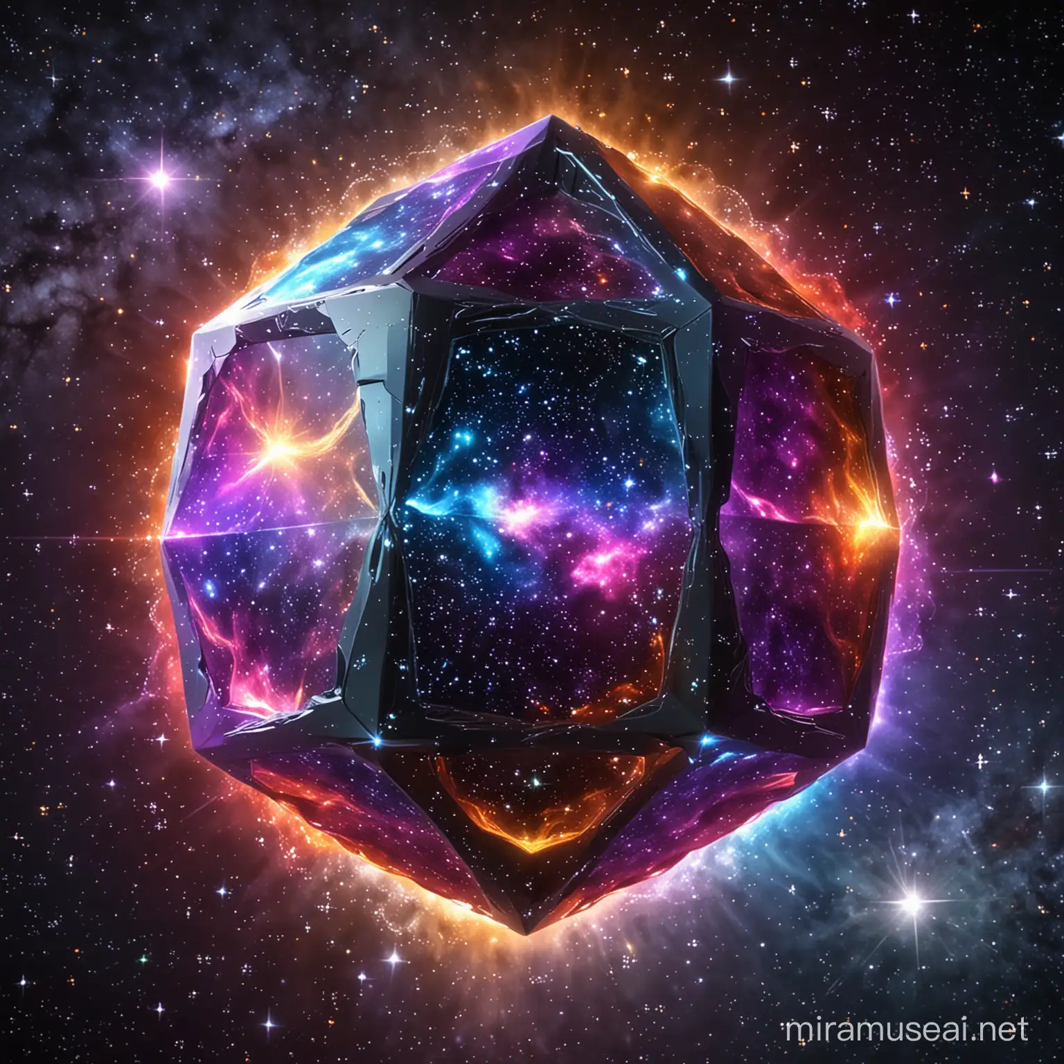 dodecahedron, 3 D,  cosmic color, in the space, with stars and the universe, rotating, 