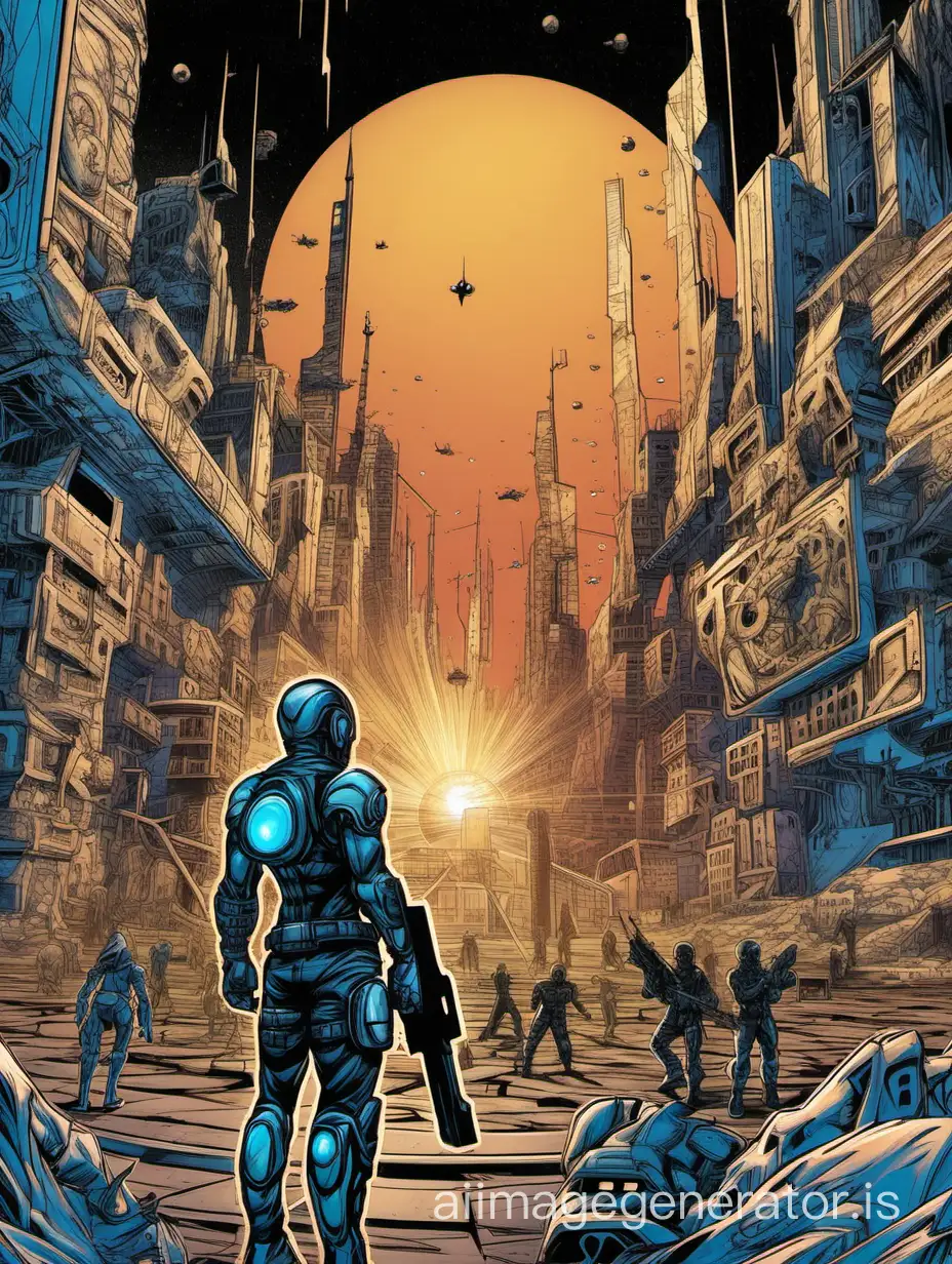 The comic book cover titled "BAKER WARZ" presents a serene yet captivating scene. The background depicts a laser tag arena, but instead of chaotic battles, the atmosphere is calm and tranquil. Soft neon lights illuminate the space, casting a gentle glow over the futuristic architecture and obstacles.

In the foreground, the focus is on a lone figure standing at the center of the arena. Clad in sleek battle armor and holding a laser gun casually by their side, the figure exudes confidence and determination. Despite the peaceful ambiance, there's a sense of readiness and anticipation in their stance, hinting at the adventure to come.

Surrounding the central figure are subtle hints of the laser tag game: scattered obstacles, glowing targets, and remnants of previous battles. However, everything appears still, as if time has momentarily frozen in this tranquil moment before the storm.

The overall aesthetic is one of calm before the storm, enticing viewers with the promise of excitement and adventure within the pages of the comic book. It invites readers to embark on a journey into the thrilling world of "BAKER WARZ" where even the calmest moments are filled with potential for epic battles and heroic deeds.