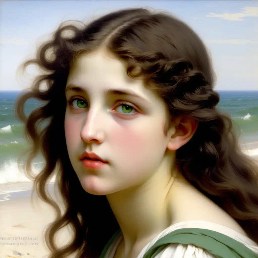 Enchanting Beach Portrait Bouguereau Inspired Beautiful Girl with Green Eyes