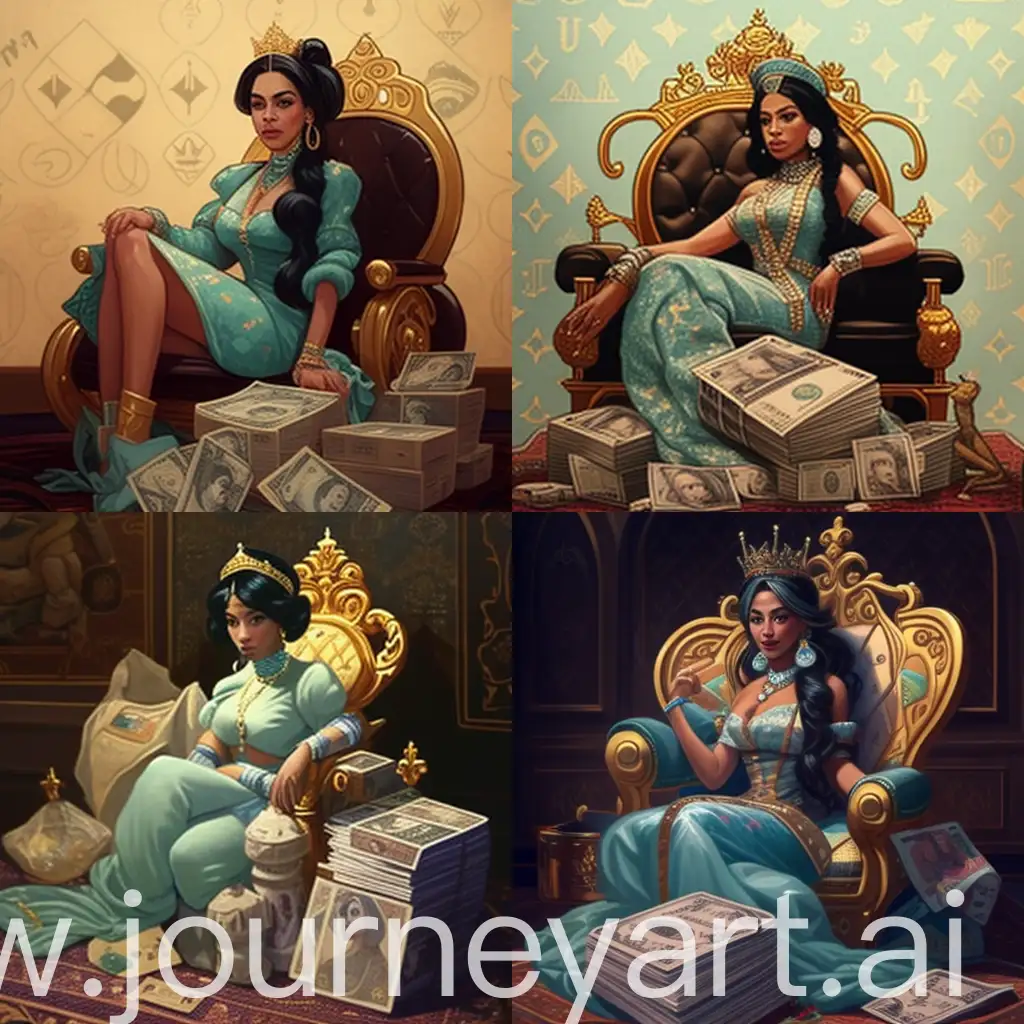 Принцесса жасмин на троне, вокруг доллары, сумка луивитон, идеально нарисованно