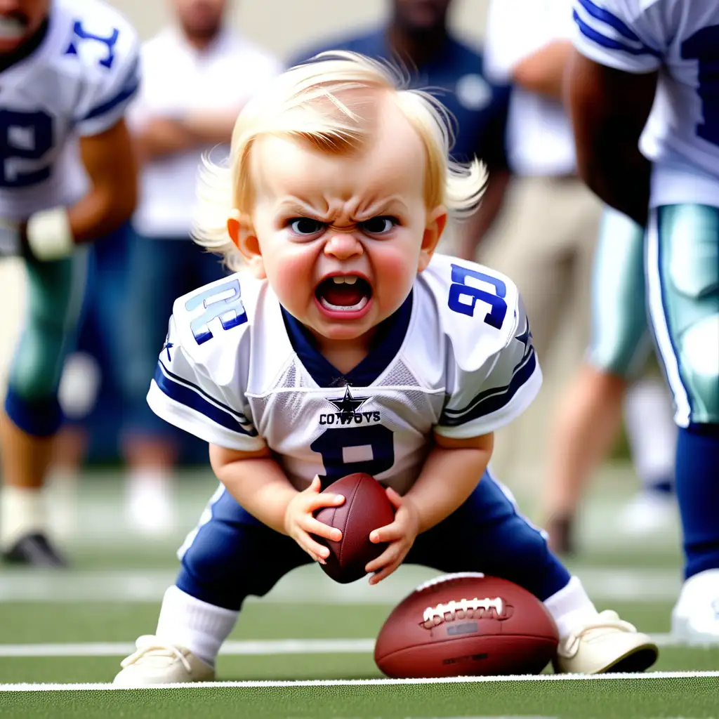 Angry toddler playing quarterback for Dallas cowboys saying “here we go!” With football 