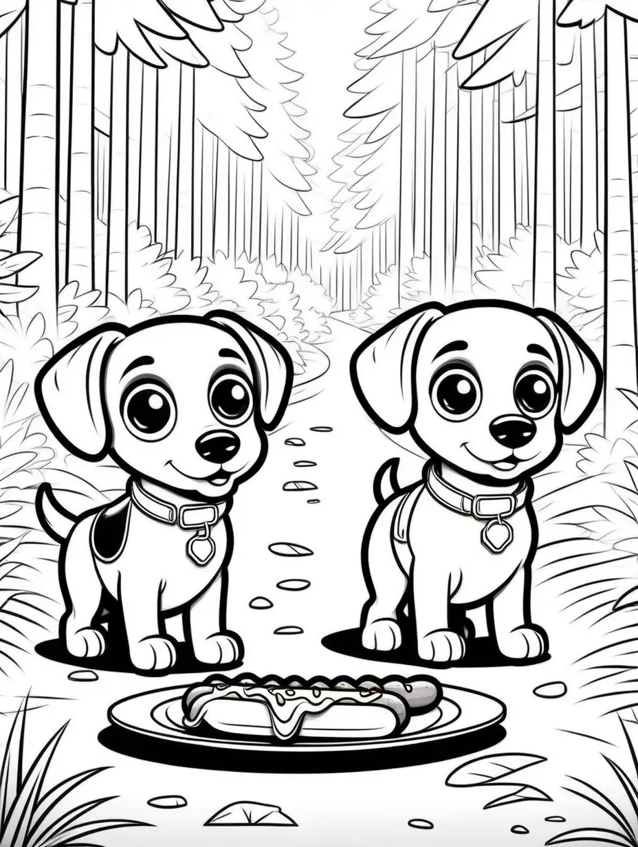 Adorable Dogs Walking in Forest with American Style Hot Dog