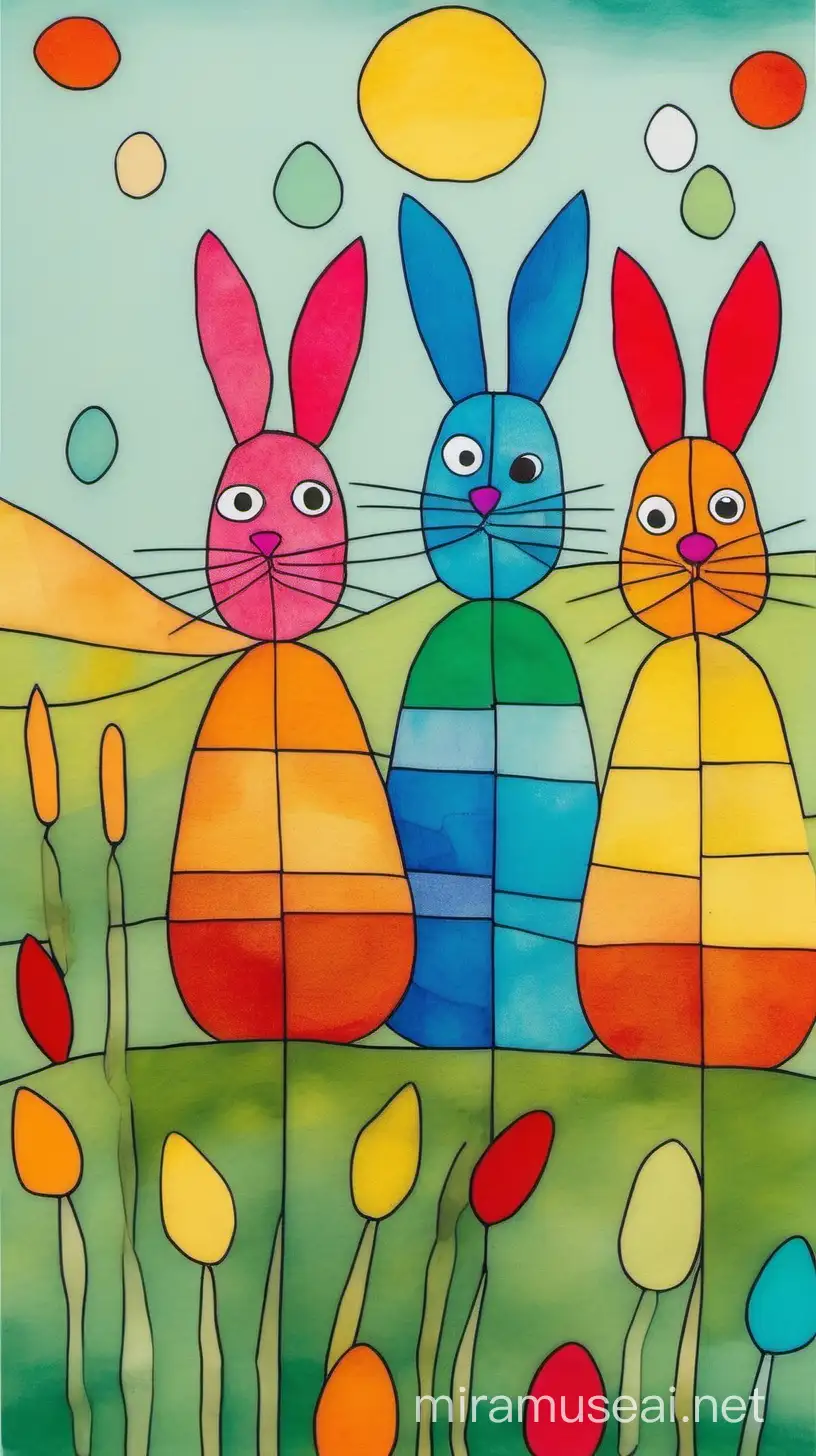 Colorful Easter Bunnies on a Vibrant Moorland Landscape