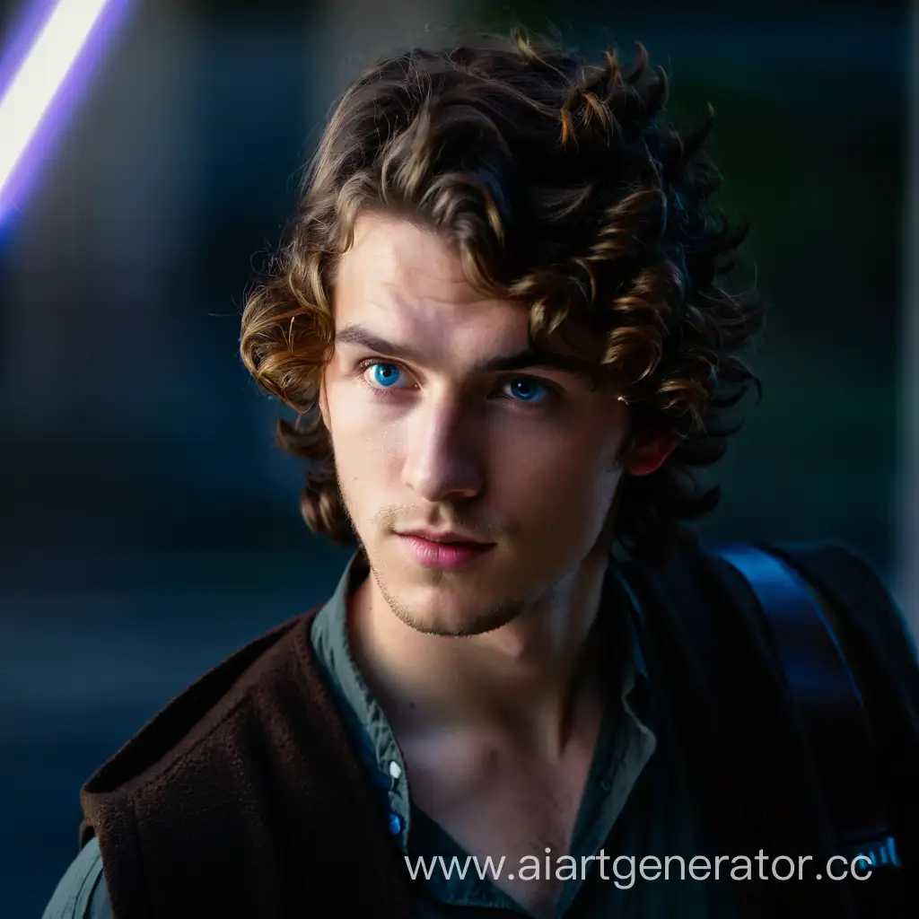 A young and handsome guy with blue eyes and curly brown hair, he carries a Jedi lightsaber.