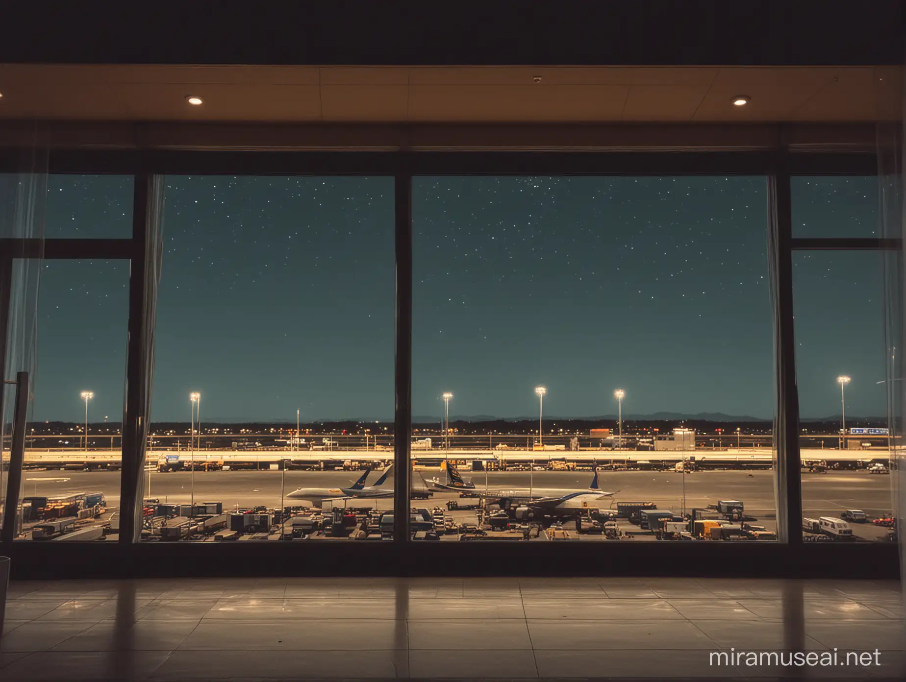 Wes Anderson Style Airport Scene Large Window Overlooking Nighttime Sky