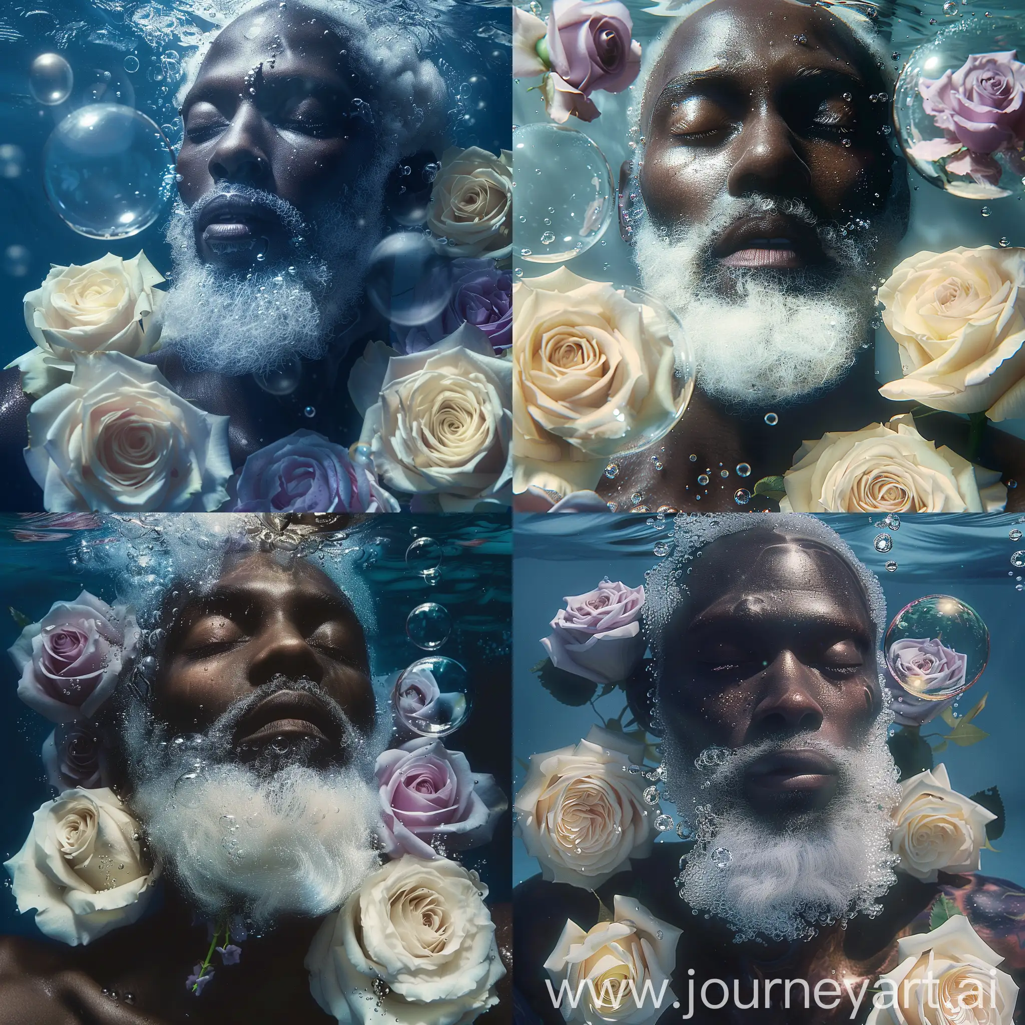 A captivating cinematic image of a gorgeous black man with white beard and eyes closed underwater, a few large bubbles, cream roses and lilac roses,