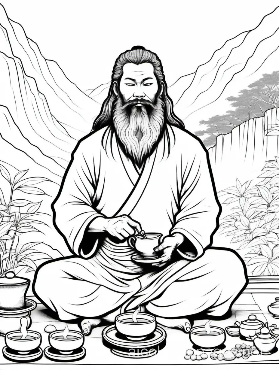 A Siberian yogi with a long beard and long hair holds a tea ceremony in Vietnam, Coloring Page, black and white, line art, white background, Simplicity, Ample White Space. The background of the coloring page is plain white to make it easy for young children to color within the lines. The outlines of all the subjects are easy to distinguish, making it simple for kids to color without too much difficulty