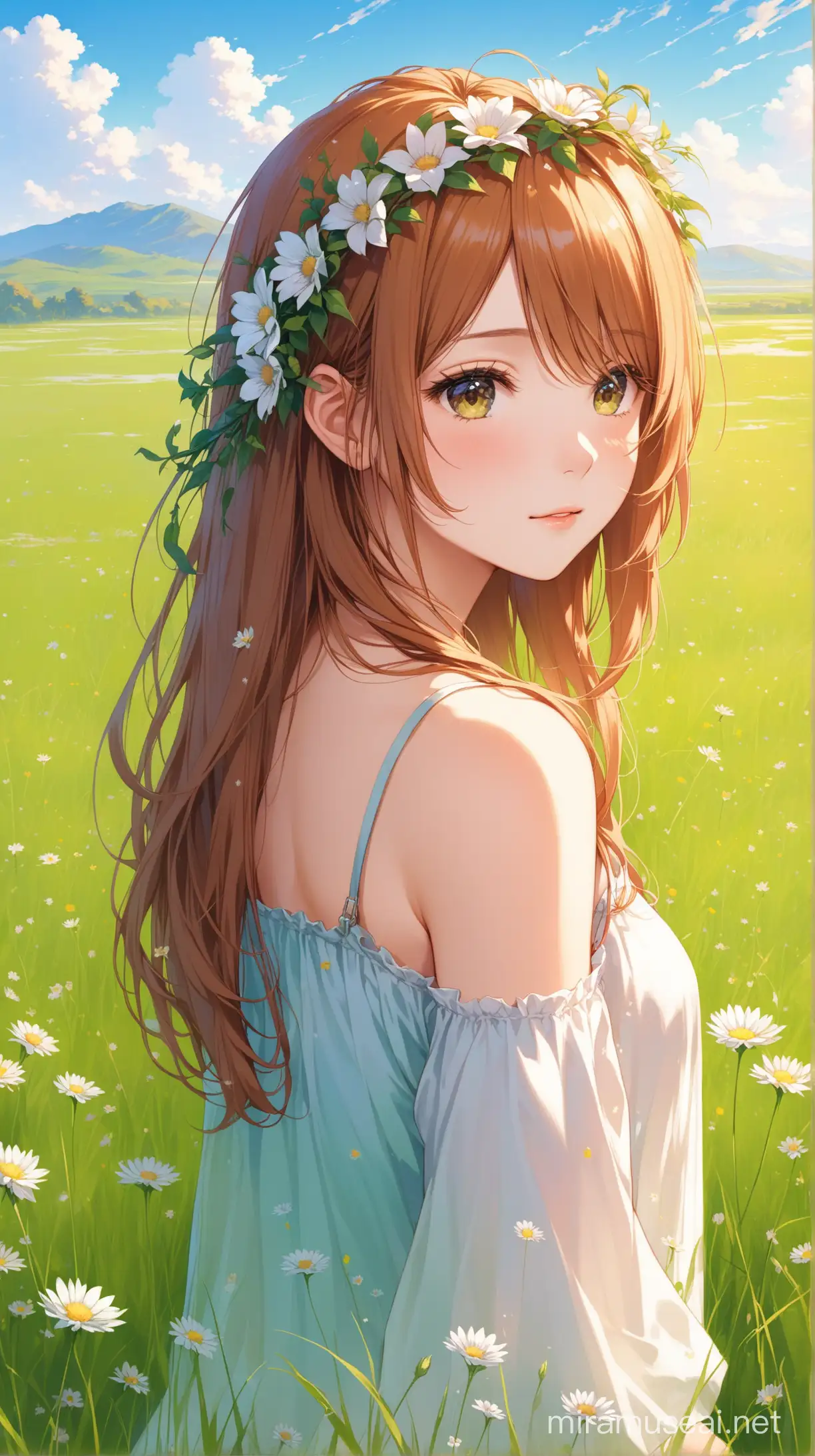 A young 20 years girl. Woth flowers on hair standing near a grassland