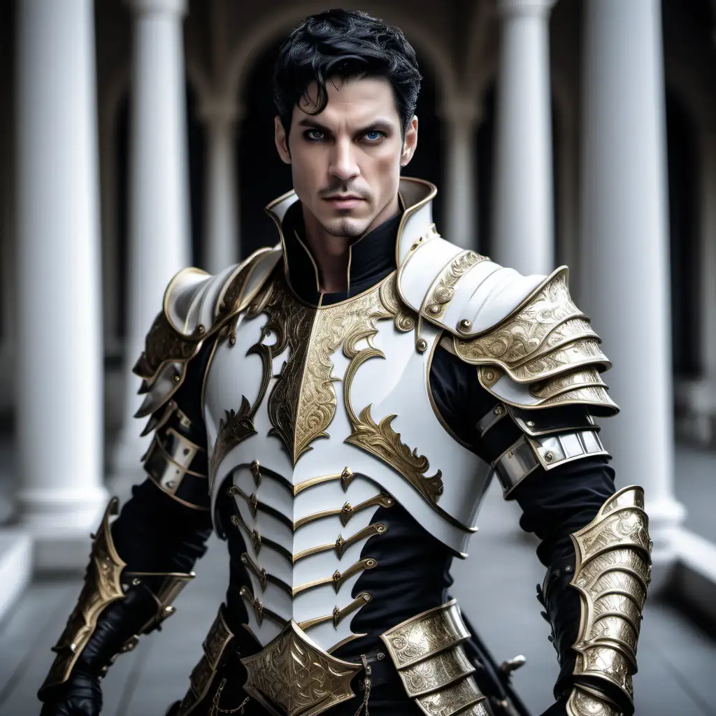 Fantasy male, prince, strong jaw, thirty years old, handsome, pale gray eyes, short black hair, white palace, strong, rugged, white and gold metal armor